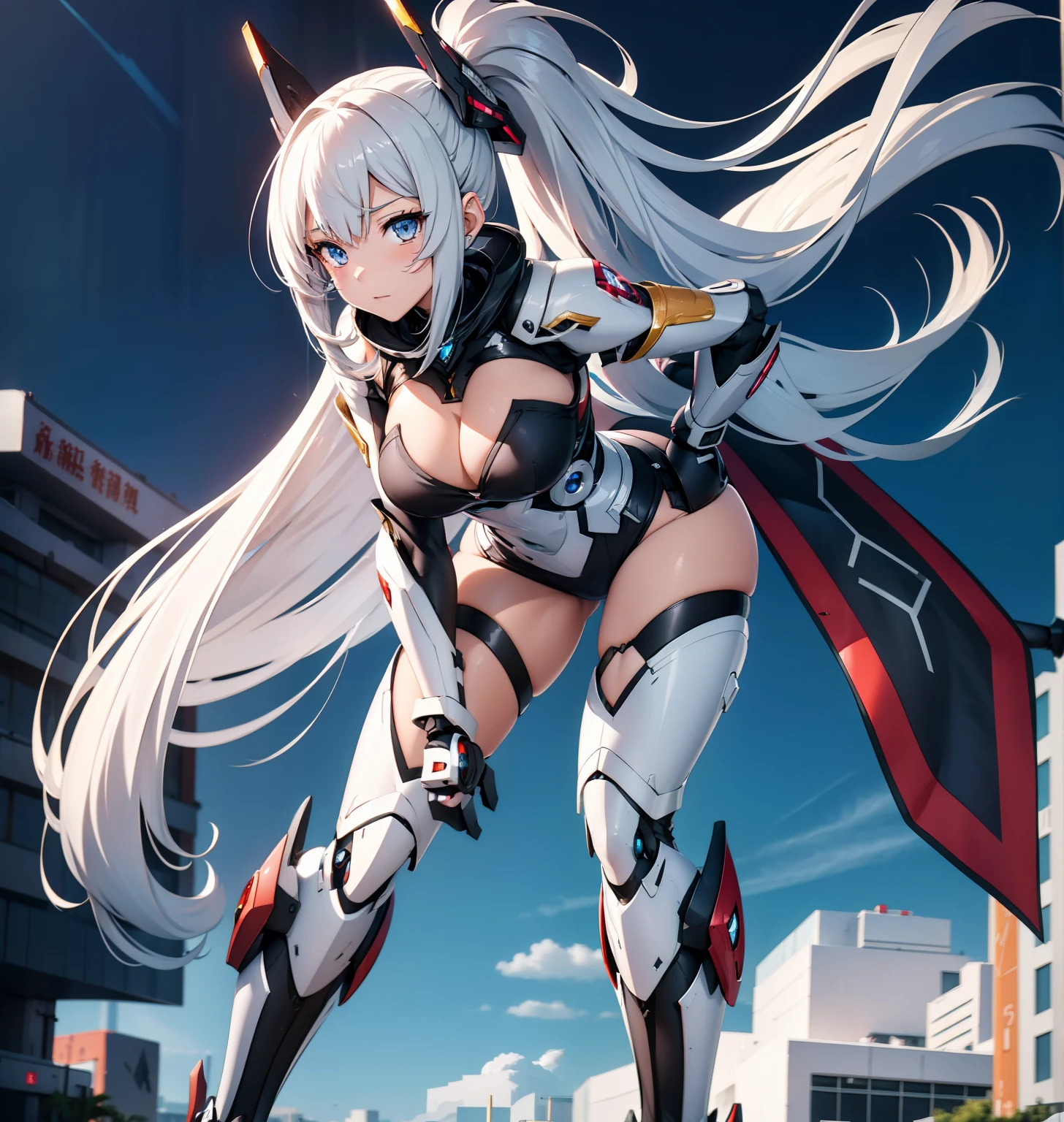 Long silver hair，Tied ponytail，**** figure，mecha-girl，A beautiful full body girl，with fair skin，***，busty figure，Tall figure，Combat attire，Super sexy scene，facial closeups