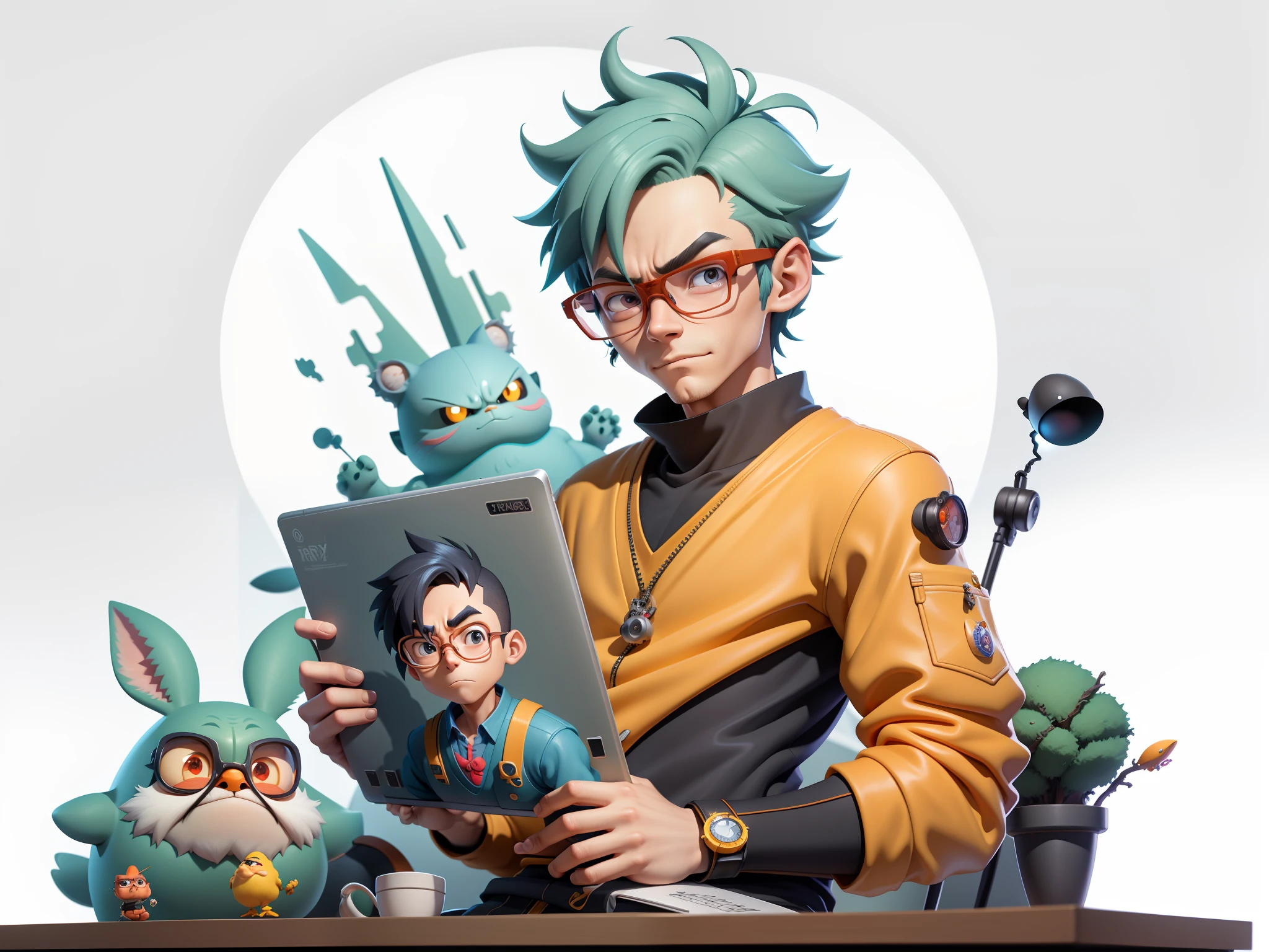 A young man with glasses sits at his desk，holding laptop，digitial painting，3D character design by Mark Clairen and Pixar and Hayao Miyazaki and Akira Toriyama，4K HD illustration，Very detailed facial features and cartoon-style visuals。