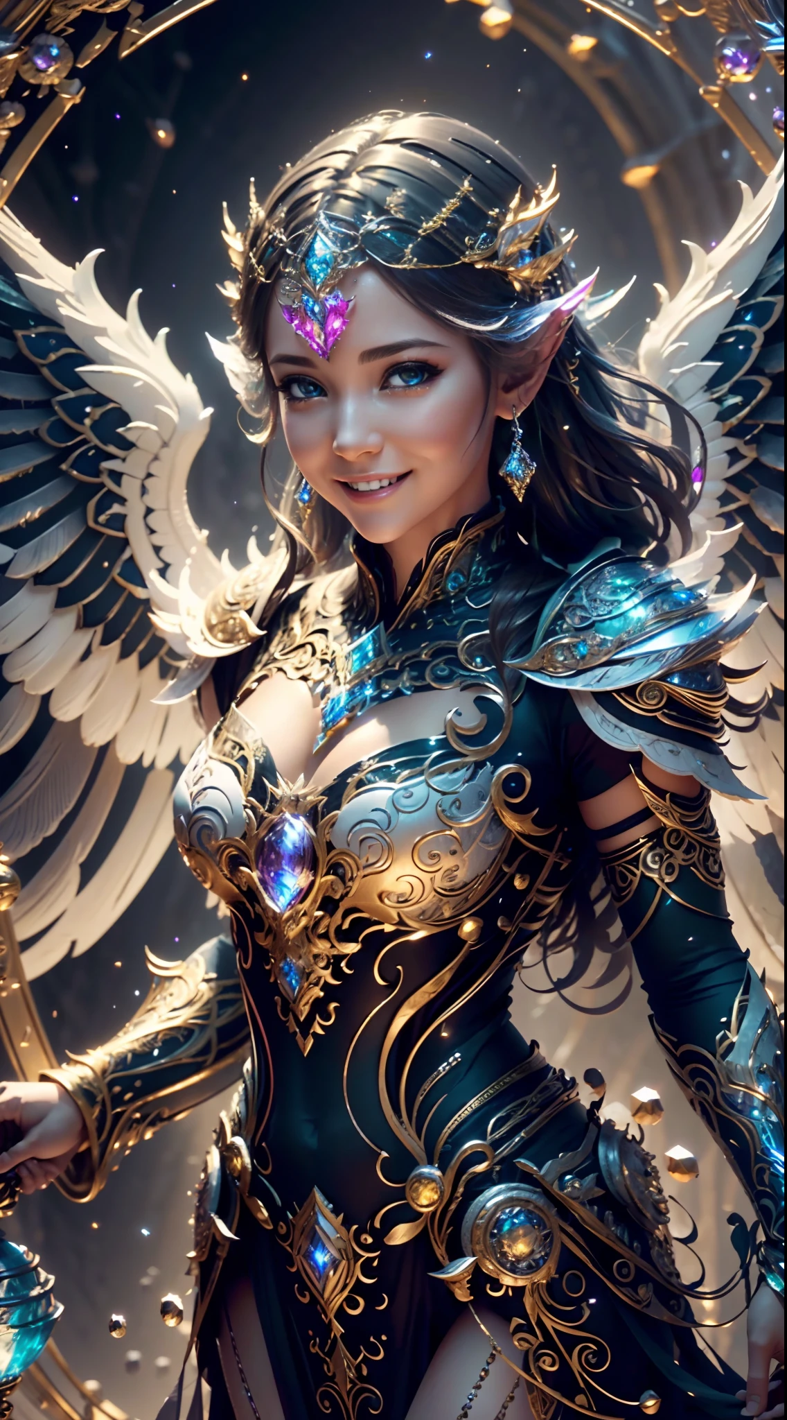 (Cinematic Photo:1.3) from (Realistic:1.3), (Smile:1.3) (Cinematic Photo:1.3) from (Realistic:1.3), (Magic Photo:1.3) from (Realistic:1.3), (Proud:1.3),  female mirror angel, angel wings, Intricate Surface Detail, Crystal Core, Bejeweled, Delicate close-up dress, Highly detailed fantasy character, Stunning community, Intricate décor, Detailed fantasy digital art, cgsociety 9, behance fantasy art, 4k detail  fantasy, detailed fantasy art, 8k high quality detail art, cgociety, Sparklecore, Hyperrealistic, Dreamlike, Ethereal Fantasy, Realistic, Fiction, Full-HD, HD, 8K, Soft Lighting, Beautiful Lighting, Incredibly Detailed, Naturalism, Land art, regionalism  , shutterstock contest winner, (zentangle:1.2), (random background:1.5), (shot with Nikon D7500 with Nikon 18-300mm lens, 1/640, f/6.3, ISO800),