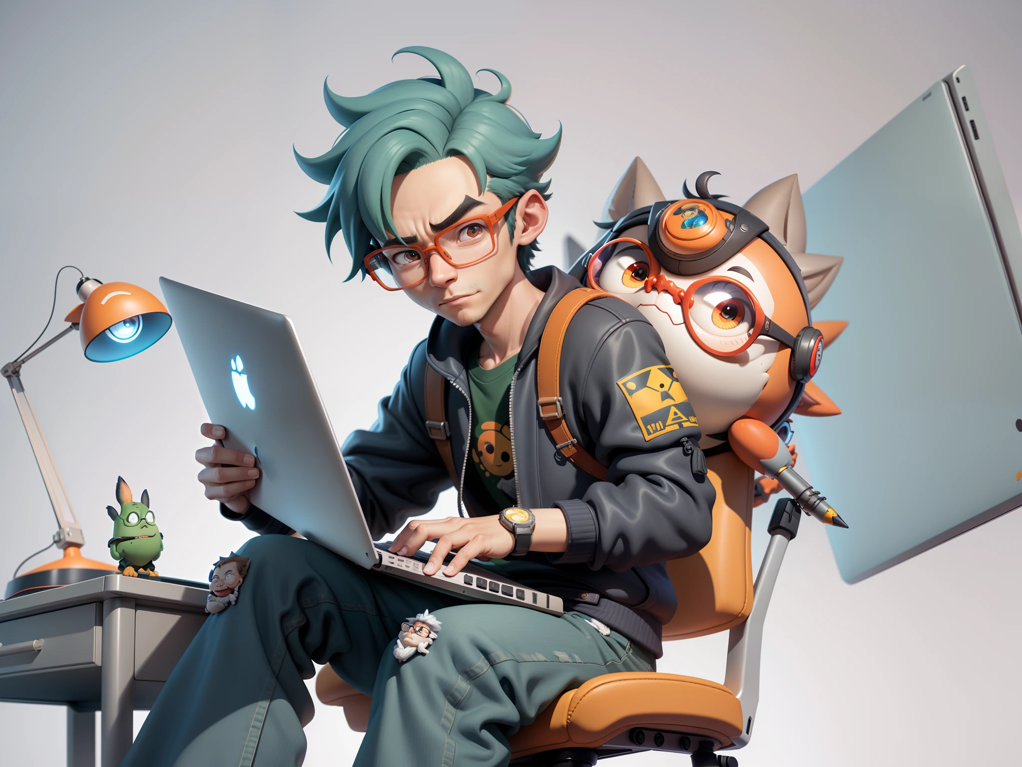 A young man with glasses sits at his desk,holding laptop,digitial painting,3D character design by Mark Clairen and Pixar and Hayao Miyazaki and Akira Toriyama,4K HD illustration,Very detailed facial features and cartoon-style visuals。