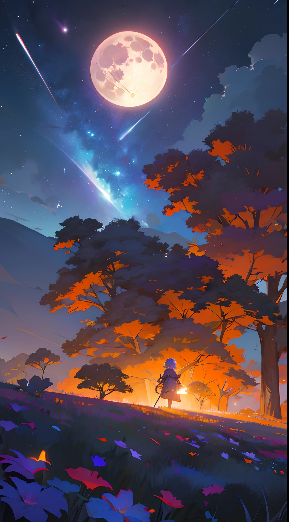 Expansive landscape photograph, (view from below with a view of the sky and the wilderness below), girl standing in a flower field looking up, (full moon: 1.2), (shooting star: 0.9), (nebula: 1.3), distant mountain, tree break production art, (warm light source: 1.2), (firefly: 1.2), lamp, purple and orange, intricate detail, volume lighting BREAK (masterpiece: 1.2), (highest quality ), 4k, ultra-detailed, (dynamic configuration: 1.4), highly detailed and colorful details (iridescent: 1.2), (sparkling lighting, atmospheric lighting), dreamy, magical, (solo: 1.2)