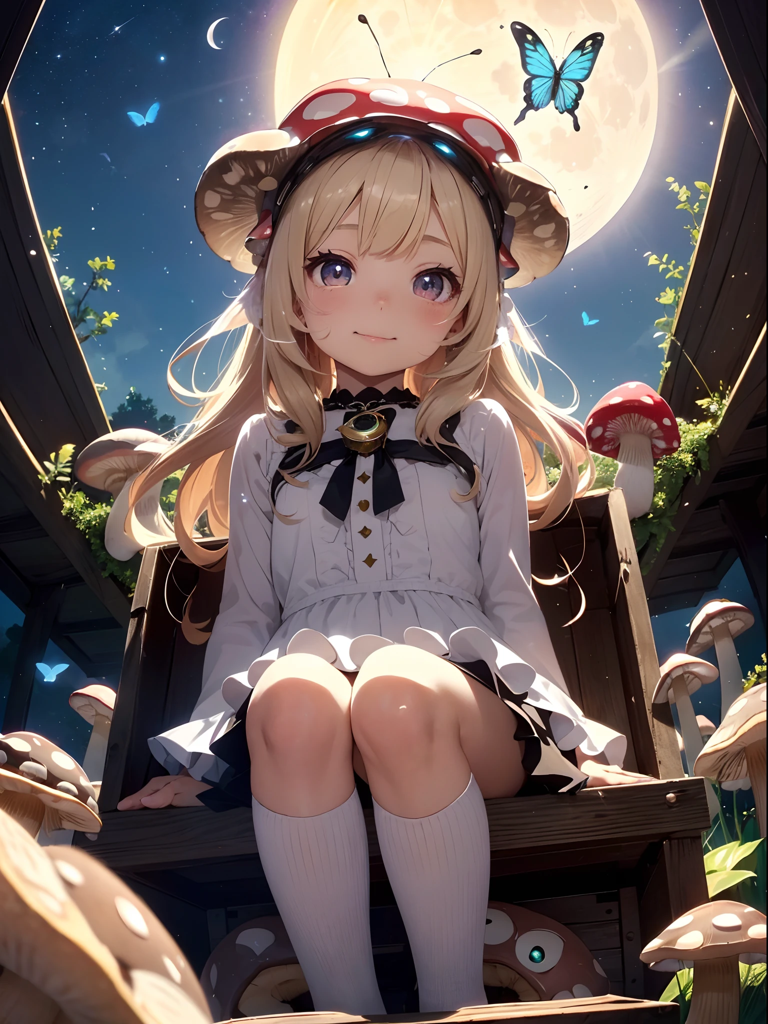 girl, extremely cute girl ,(sparkle eyes:1.2), starly eyes, small mouth, small nose, cute lip, sparkle skin, cute cheek, smile, medium breast, break
flower accessories, flower hair, long hair, break, with small flower, break, (fisheye-lens:1.4), (from below:1.2), looking-down, (sitting in box:1.4), (focus-face, close-up face:1.2), break
(birds, insect, butterfly), sunshine, many plant, (night, moon, on sun :1.3), (mushroom on head:1.3),