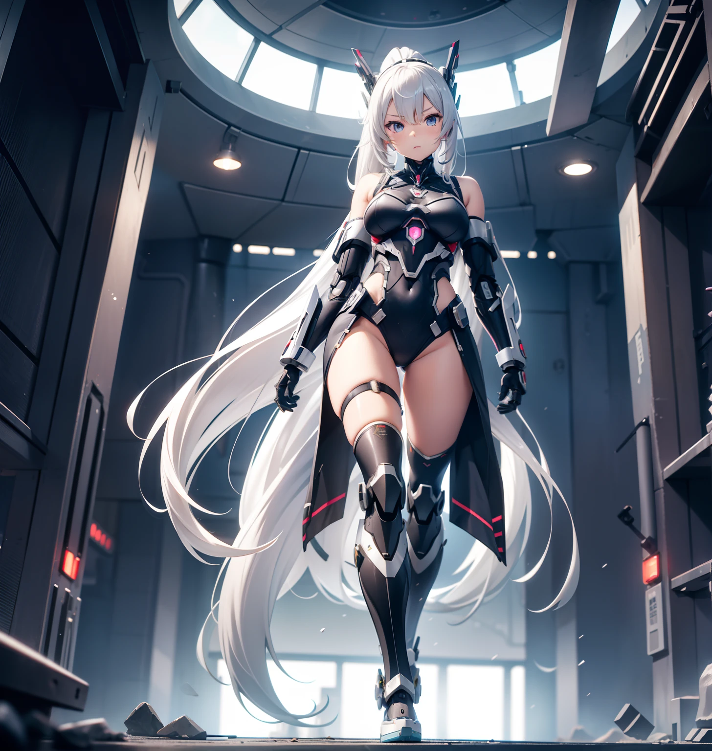 Long silver hair,Tied ponytail,Loli figure,mecha-girl,A beautiful full body girl,with fair skin,14岁,busty figure,Tall figure,Combat attire,Super sexy scene,facial closeups