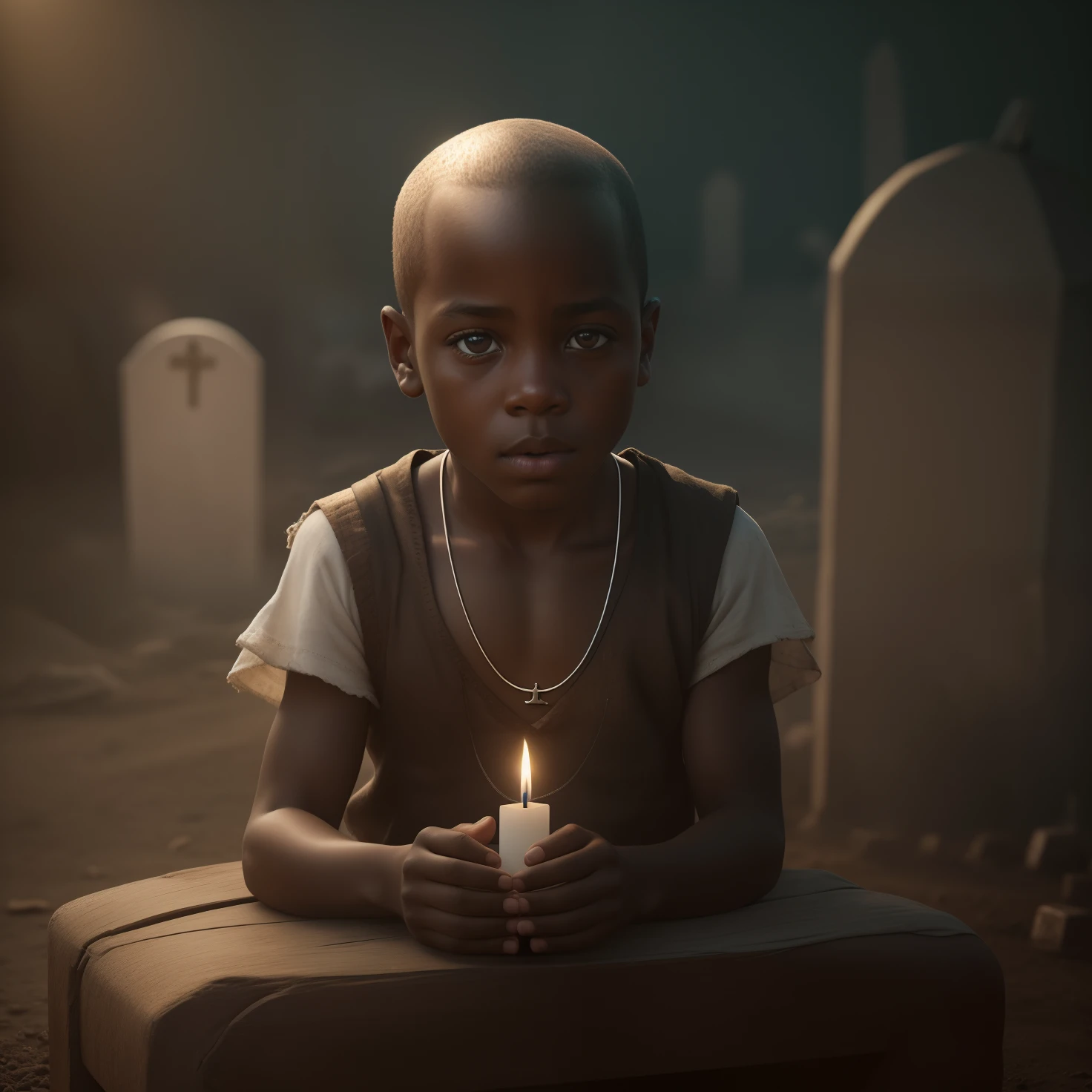 Create the image of a 4-year-old male child, olhos brilhantes, Pele vermelha, Rosto vestindo camisa simples branca velha e russada, very light white clothing with some hole in the fabric with wooden crucifix necklaces with seeds and medal on the neck, hands with five fingers sitting on a small brown wooden bench in one of his hands an access candle. The decoration should be a dark, mysterious, horrifying, caaregado cemetery of much mystery;, with lights and an intimate and religious atmosphere with several lit candles and smoky atmosphere. dramatic lighting, digital art trending on Artstation 8k HD high definition detailed realistic, circunstanciado, textura da pele, hiper detalhado, textura de pele realista, armadura, melhor qualidade, ultra high-resolution, (fotorrealista:1.4), high resolution, circunstanciado, Foto RAW, sharp re, by Lee Jeffries Nikon D850 film Stock Photography 4 Kodak Portra 400 camera F1.6 lens rich colors hyper realistic lifelike texture dramatic lighting unrealengine trending on artstation cinestill 800,