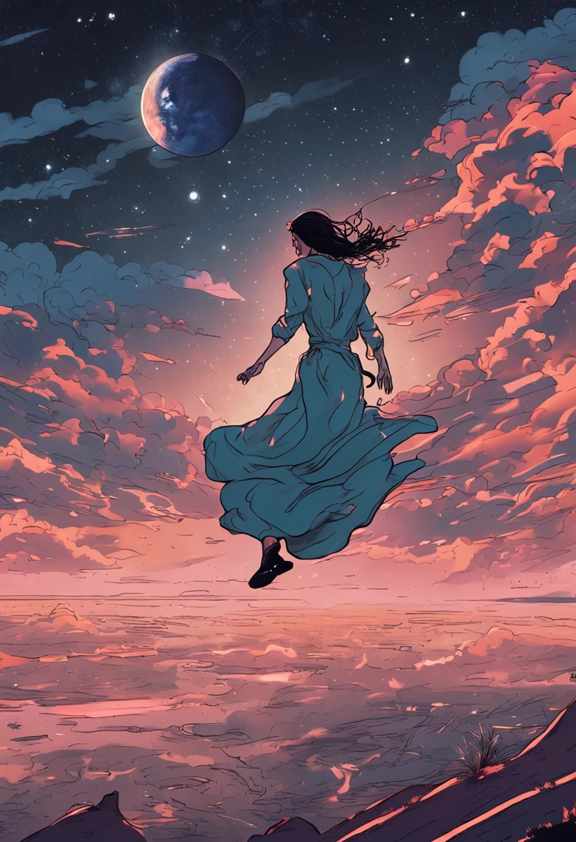 An astrally travelling floating beautiful woman at night