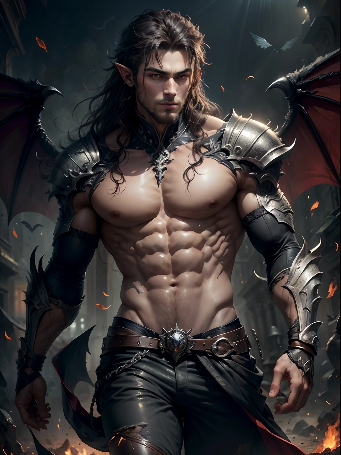 ((masterpiece, best quality, high resolution)) A handsome man with black demon wings, red eyes, pointy ears, muscular