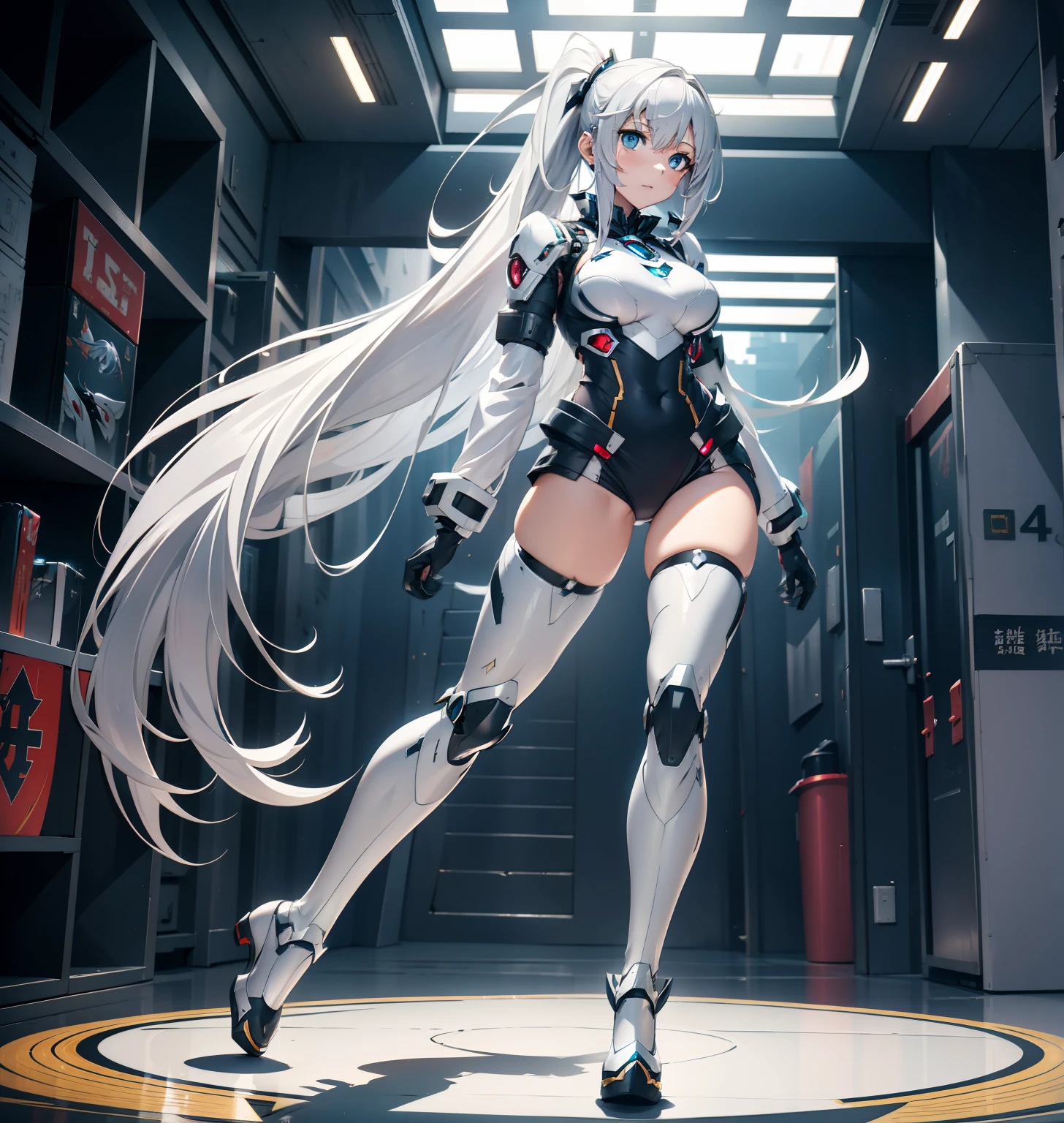 Long silver hair，Tied ponytail，Loli figure，mecha-girl，A beautiful full body girl，with fair skin，14岁，busty figure，Tall figure，Combat attire，Super sexy scene，facial closeups