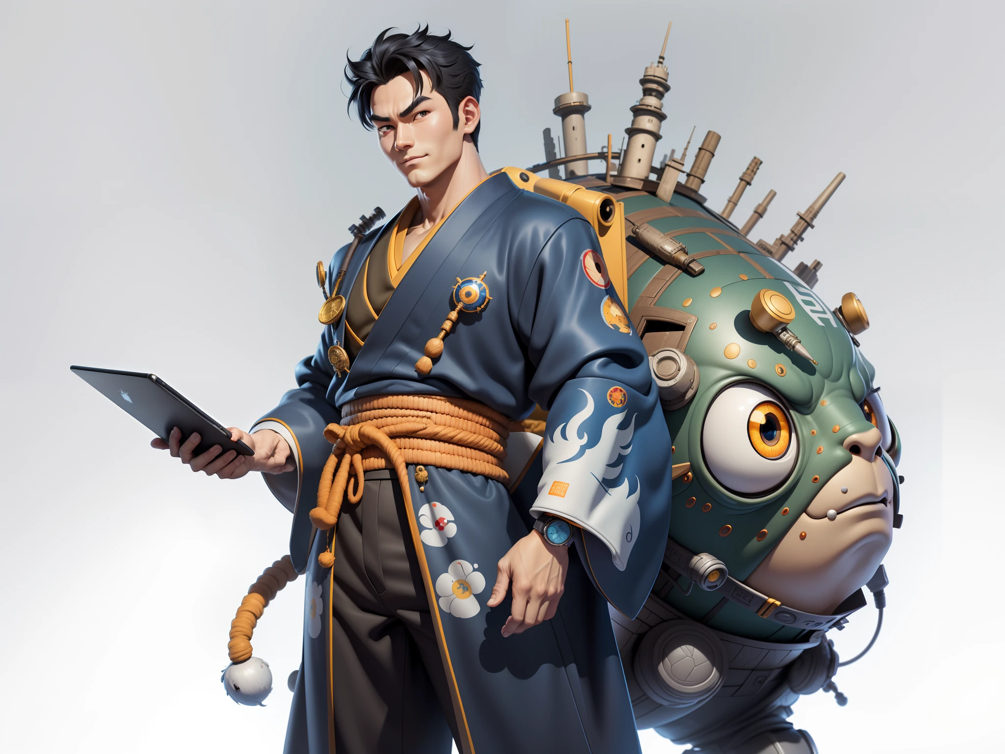 (Masterpiece), (Excellent), (Super Meticulous), (Full Body: 1.2), Super Young Man, Oriental Face, Japanese Kimono, Japanese Wind Thunder God, Dragon, Tiger, TV Anchor, Bust Portrait Illustration, Alone, Black Suit, Blue Tie, Slightly Chubby Face, Very Clean Face, No Beard, Black Super Short Hair, Black Eyes, Confident Smile, 3c Computer Sub-Products, iPad, iPhone, Digital Painting, 3D Character Design by Akira Toriyama and Mark Claireden and Pixar and Hayao Miyazaki, The illustration is a high-definition illustration in 4K resolution with very detailed facial features and cartoon-style visuals.