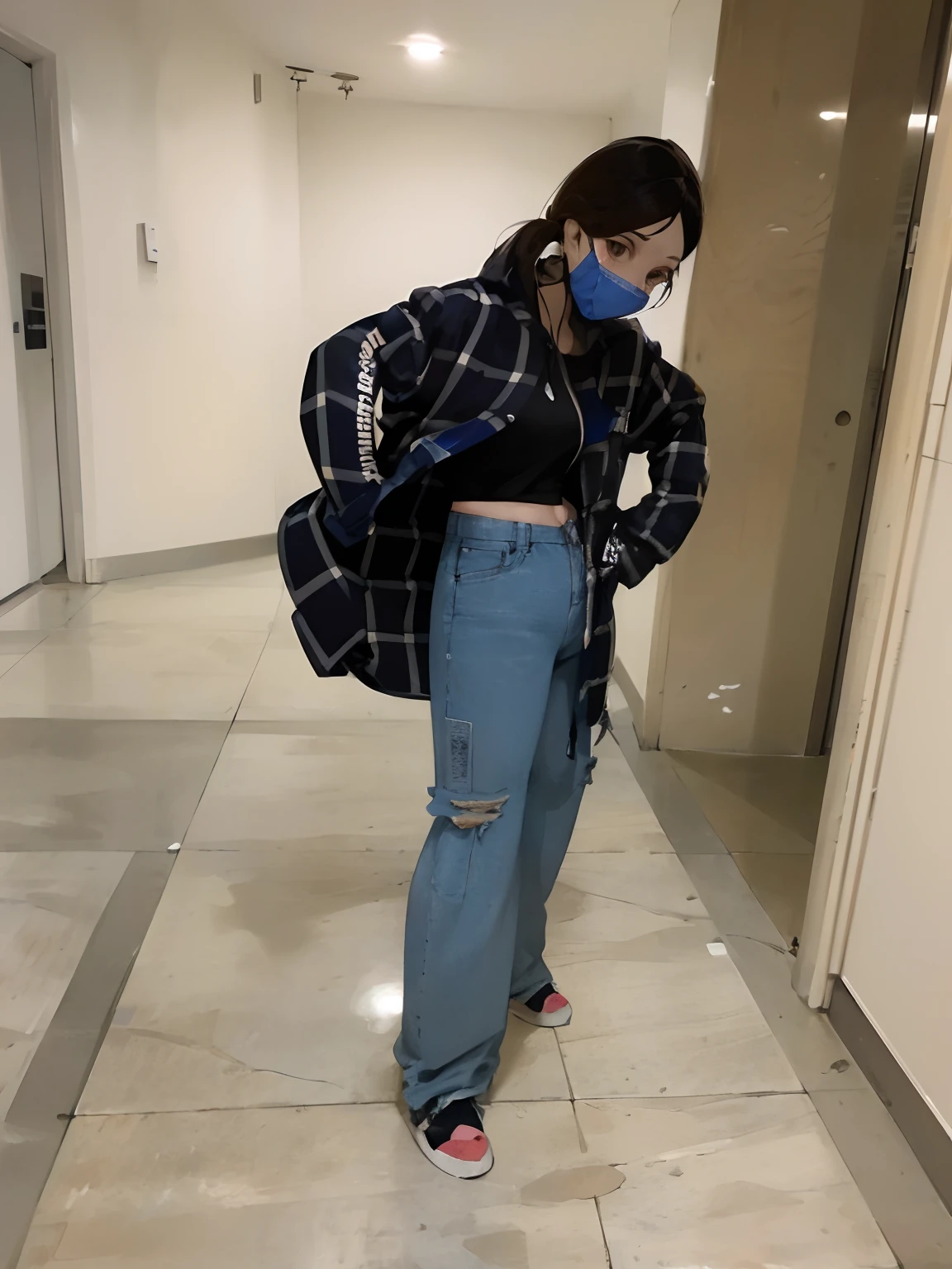 araffe wearing a mask and a blue jacket standing in a hallway, cropped shirt with jacket, she is wearing streetwear, ( ( ( wearing jeans ) ) ), flannel, wearing a shirt and a jean, wearing a fisher 🧥, full body picture, wearing a baggy, 🤬 🤮 💕 🎀, outfit photo, 😭 🤮 💕 🎀