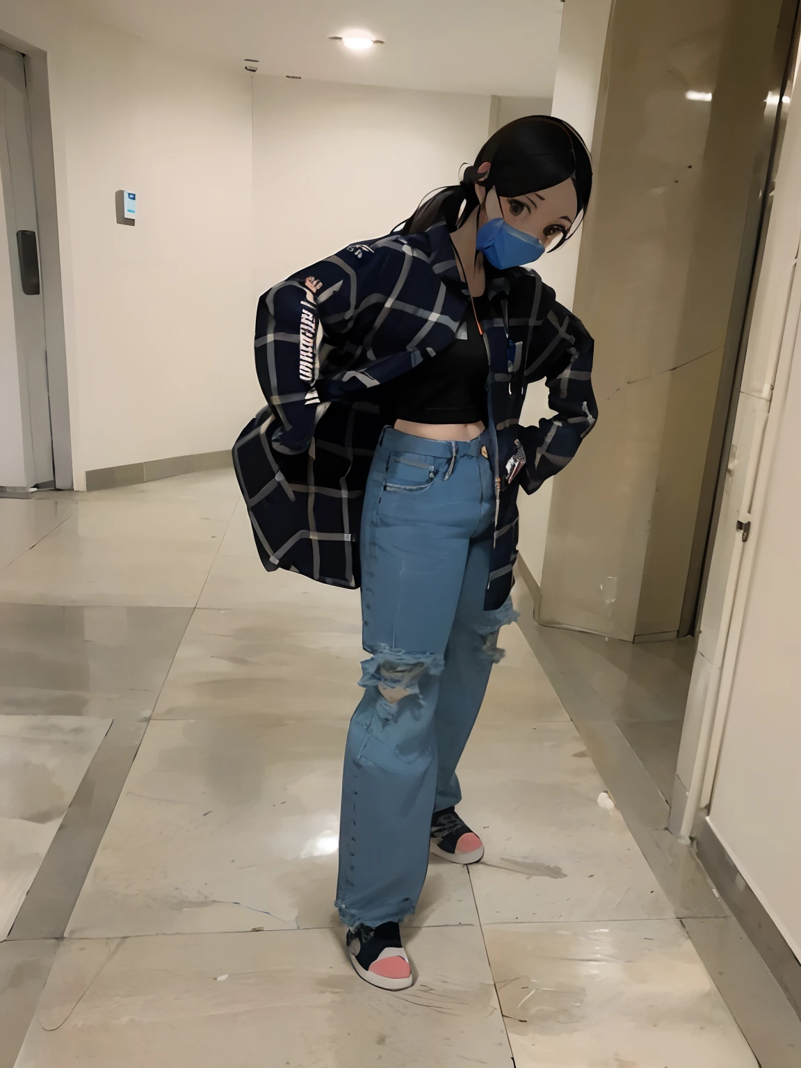 araffe wearing a mask and a blue jacket standing in a hallway, cropped shirt with jacket, she is wearing streetwear, ( ( ( wearing jeans ) ) ), flannel, wearing a shirt and a jean, wearing a fisher 🧥, full body picture, wearing a baggy, 🤬 🤮 💕 🎀, outfit photo, 😭 🤮 💕 🎀