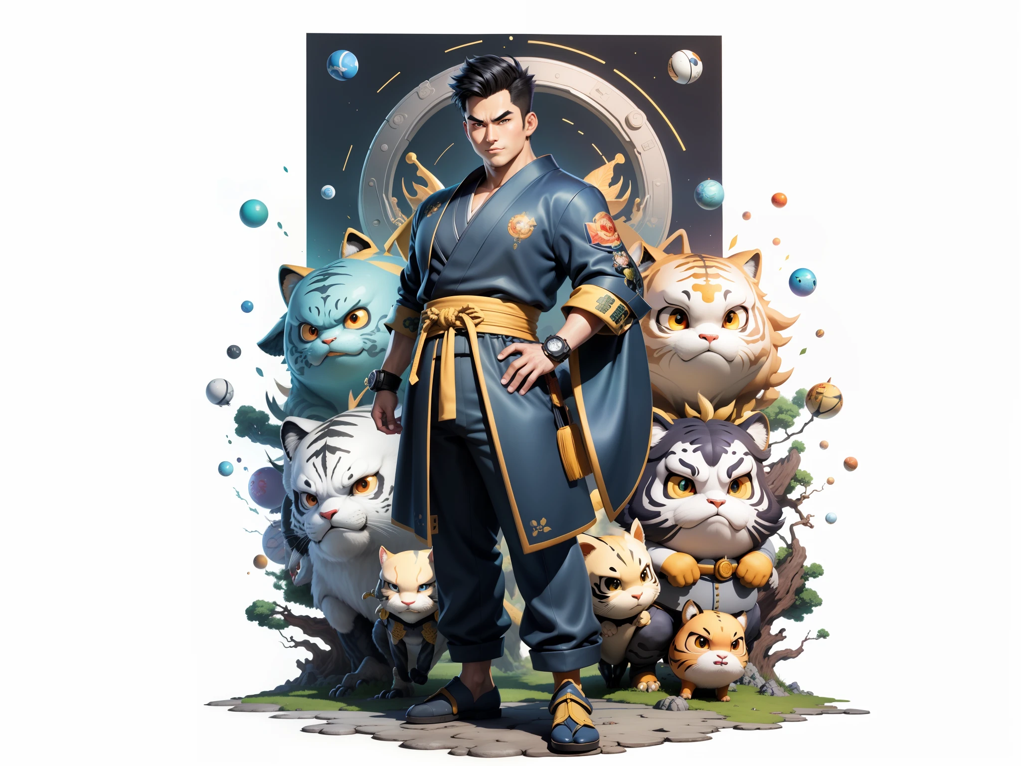 (Masterpiece), (Excellent), (Super Meticulous), (Full Body: 1.2), Super Young Man, Oriental Face, Japanese Kimono, Japanese Wind Thunder God, Dragon, Tiger, TV Anchor, Bust Portrait Illustration, Alone, Black Suit, Blue Tie, Slightly Chubby Face, Very Clean Face, No Beard, Black Super Short Hair, Black Eyes, Confident Smile, 3c Computer Sub-Products, iPad, iPhone, Digital Painting, 3D Character Design by Akira Toriyama and Mark Claireden and Pixar and Hayao Miyazaki, The illustration is a high-definition illustration in 4K resolution with very detailed facial features and cartoon-style visuals.