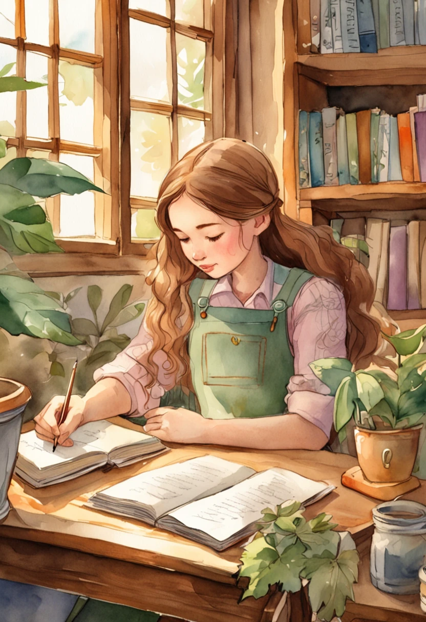 A young girl sits in a peaceful library, her eyes closed in concentration as she writes. She wears overalls, a hat, and a yellow shirt, her braid cascading down her back. A gentle smile lights up her face, accompanied by a subtle blush. The room is adorned with rows of books and a potted plant, creating a serene atmosphere. The artistic medium could be a digital illustration, with watercolor such as soft shading and vibrant colors. Artists like Mary Blair and Hayao Miyazaki could serve as inspiration for this scene. As for camera settings, a high-resolution digital camera with natural lighting would capture the essence of this moment.