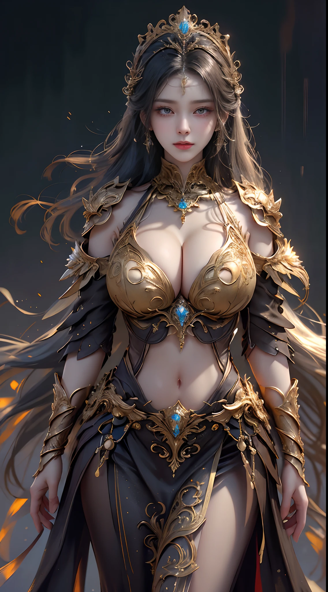 Woman in a golden transparent dress,view the viewer,(((Huge breasts, Large cleavage))),Slim waist,(navel baring,Bare waist), Long hair, Ultra-detailed details,High-end Zhenyi station, Rainstorm site, detailed fantasy art, Stunning character art, Beautiful and exquisite character art, (Beautiful golden armor), Extremely detailed, Girl in shiny armor, Exquisite tiaras and jewelry,Crystal jewelry filigree, milky ways, Stunning visuals, (dynamic streaks, light tracks:1.2), Vibrant colors,