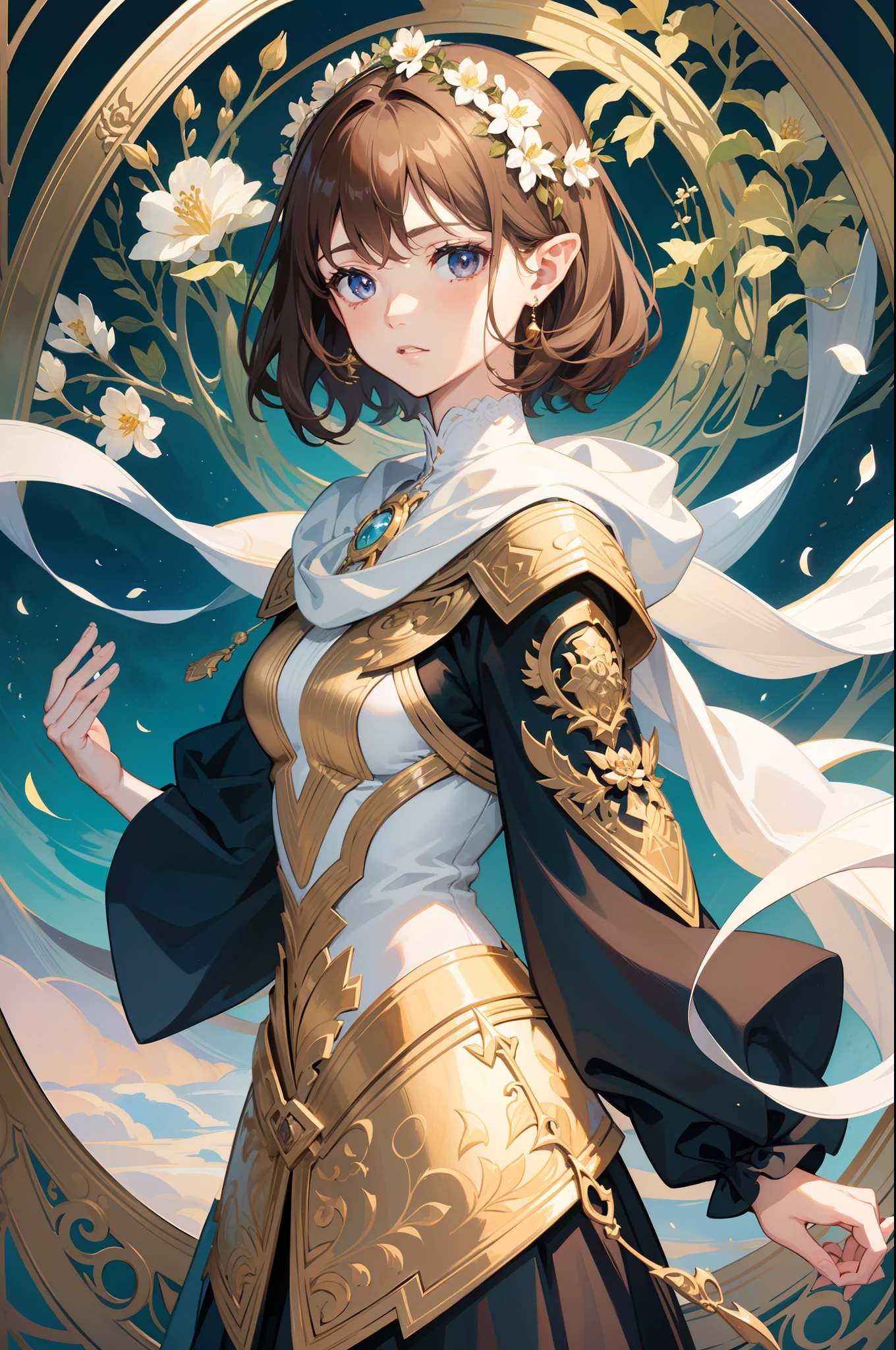 European female knight in armor， full bodyesbian， Flower frame， Decorative panels， abstract artistic， Alphonse Mucha （tmasterpiece， best qualtiy， A high resolution： 1.4）， A detailed， Complicated details， 4K， Color splattering， Line art， Fibonacci， starrysky， natta， exteriors， Clouds， Reflectors， Eau， （tarot cards），Cards， （（beautiful golden crystal star）） buliding， palaces， Patterned， Sumeru， Clouds， themoon