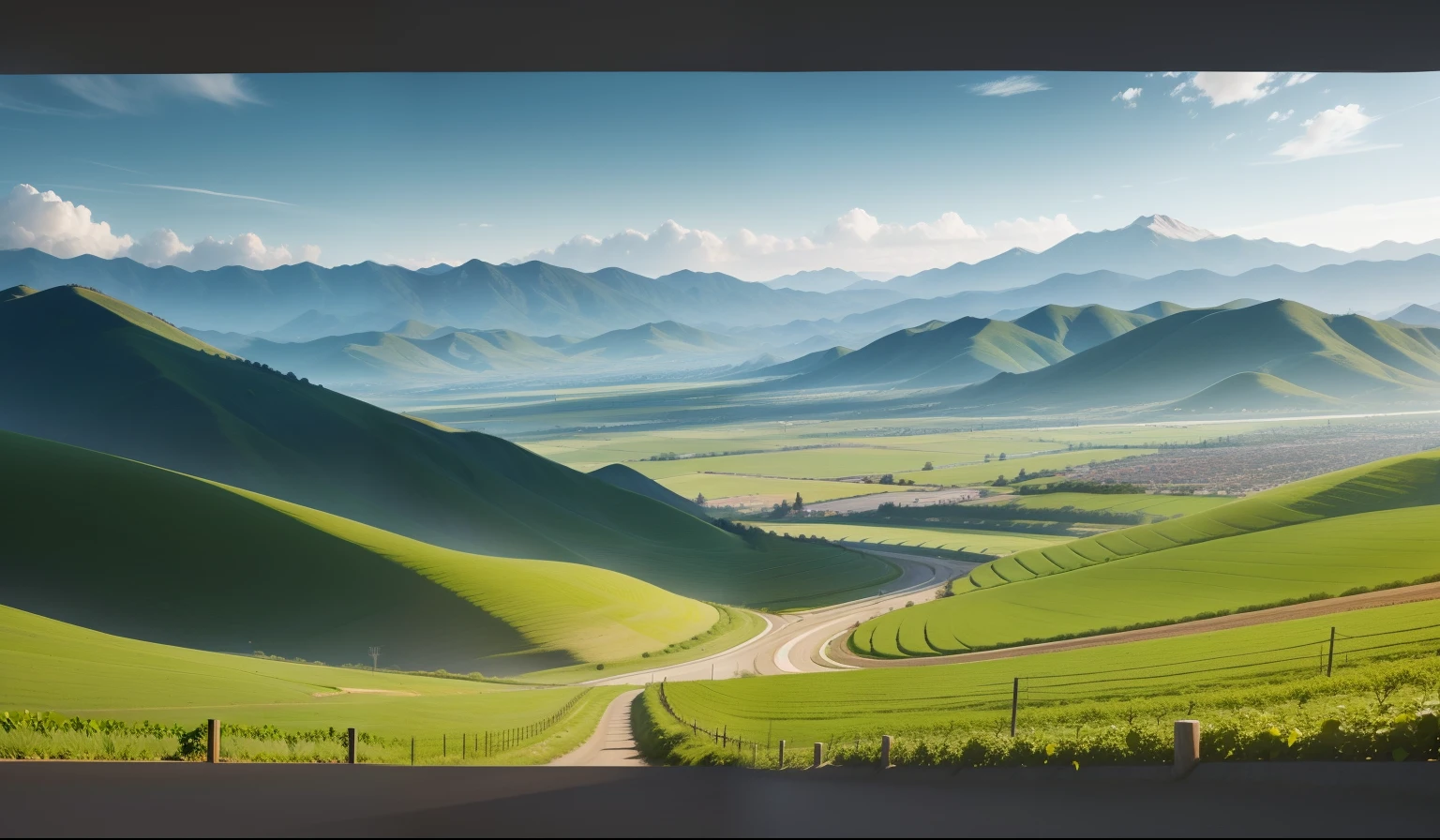 Rolling mountains in the distance,Orchards nearby,vine yards,sunny clear sky,largeaperture,The horizon is low。