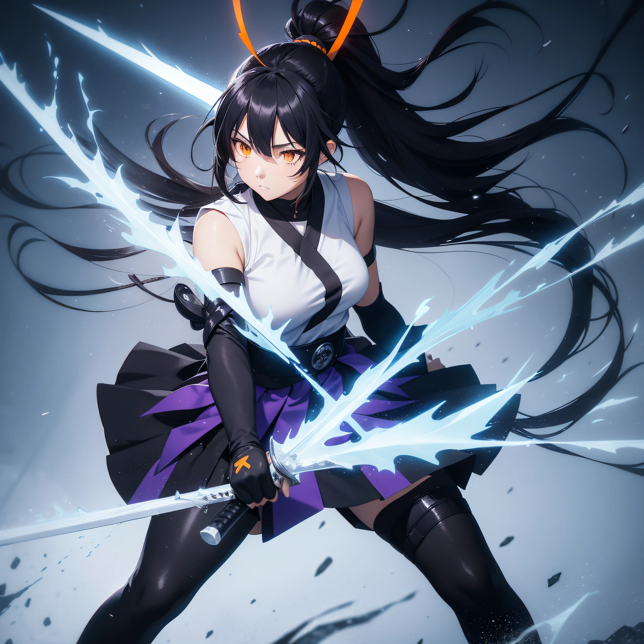 1girl, solo, sakifuwa, very long hair, ponytail, orange eyes, black hair, ahoge, black tights, samurai suit, long leggings, purple strain of hair, very long skirt, holding weapon, holding sword, frost effects, frost particles, frost pillars, frost blue, dual sword, stand at cyberpunk city