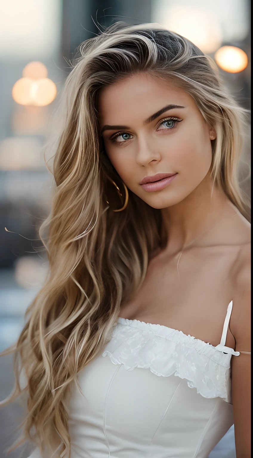 Raw photo, 20 years girl、Sexy Cute、perfectly proportions、Skeletal best、masutepiece、hight resolution、Farbe々Color、off shoulders、Cream Mini Dress(Fluffy swaying and windy)、Large cleavage、Portrait of a beautiful Italian girl (High detailed skin:1.2),、beautiful thigh、Sunset over Naples、romantic、While looking here、embarrassed from、Italian beauties of the world、Silvia Mazzieri、a blond、 Digital SLR, Soft lighting, High quality, FujifilmXT3、Film Lighting、Dramatic、Get breathtaking views of the city of Naples、Sit in a sea café in Naples、drinking a cup of coffee、Golden wavy hair flutters all over her body、A slight smil、Big breasts、European、Sexy and dramatic