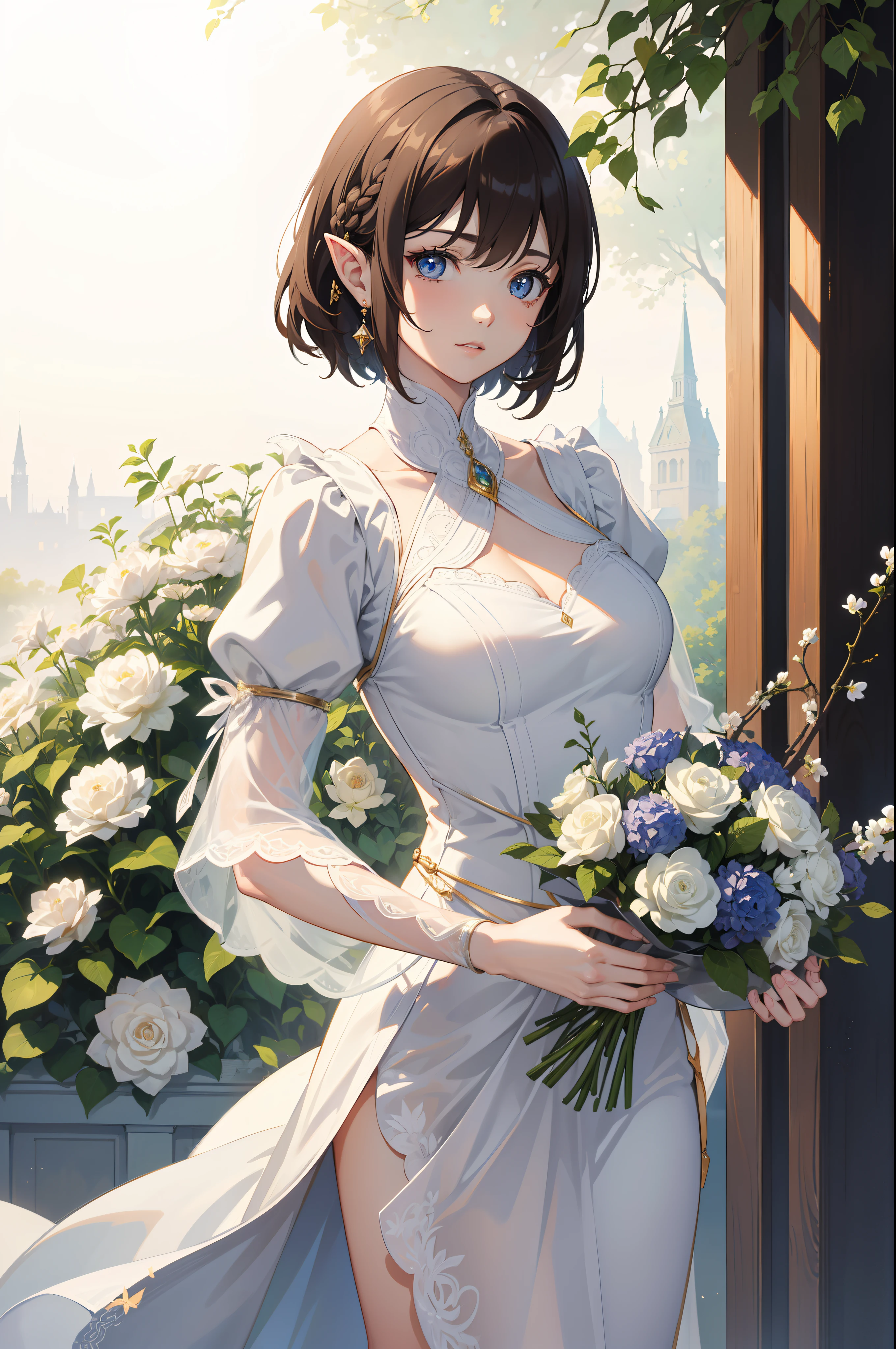 Official Art, Masterpiece European female, elvish, short hair, pale brown hair , brown eyes, (​masterpiece、top-quality、hight resolution: 1.4),in 8K, Drawing of a woman with short pale brown hair, Anime Art Nouveau, highly detailed exquisite fanart, anime fantasy illustration, clean detailed anime art, detailed anime art, Sharp Focus, Delicate Beautiful Hair and Eyes and Face, realisitic, ultra-detailliert, flower garden, sunlight
