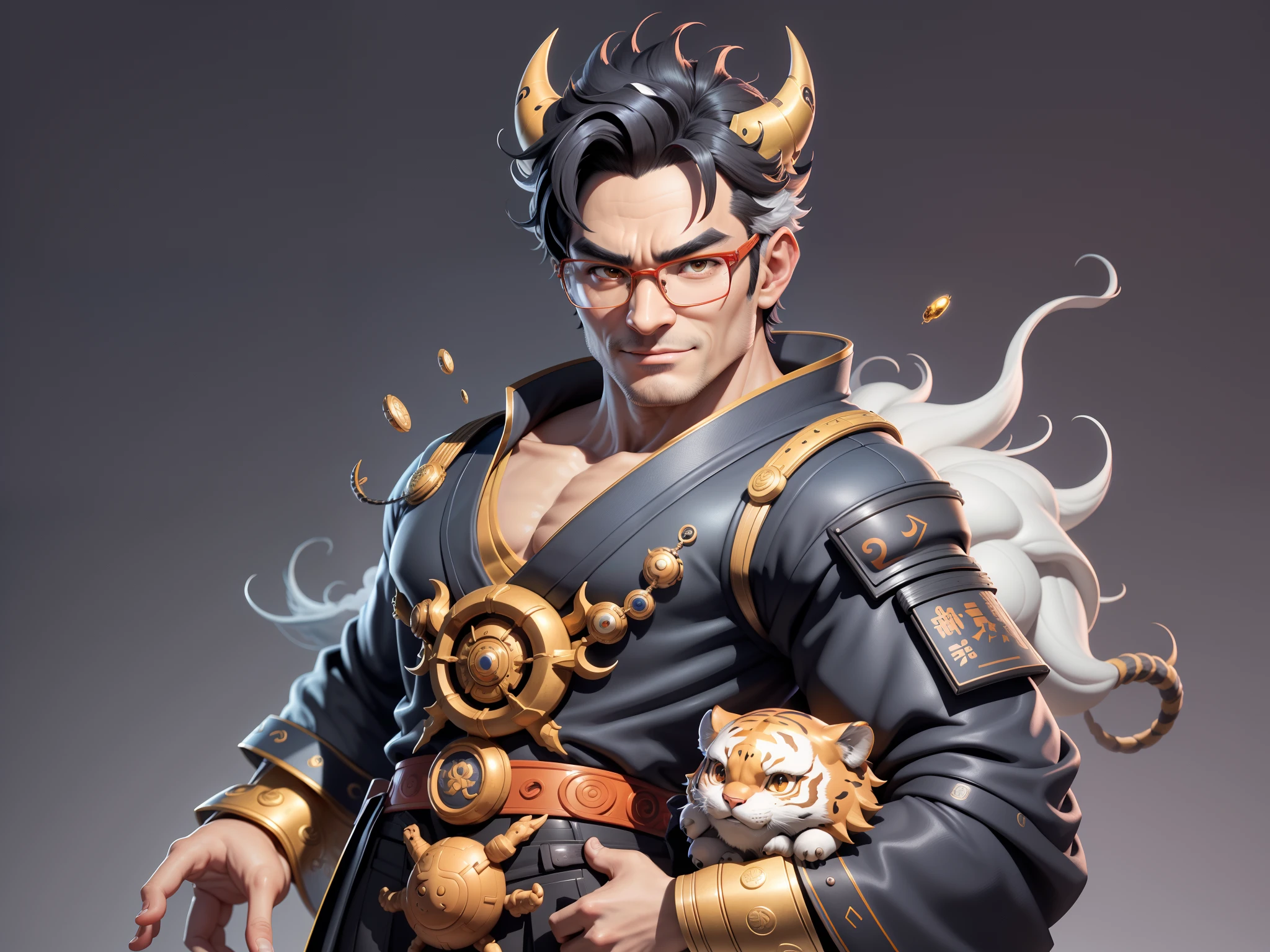 (Masterpiece), (Excellent), (Super Meticulous), (Full Body: 1.2), Super Young Man with Japanese Female Geisha, Pretty, Beautiful, Chinese Dragon, Tiger, Wind God Thor, Sexy, Bursting, Oriental Face, TV Anchor, Bust Portrait Illustration, Black Suit, Blue Tie, Slightly Chubby Face, Silver Glasses, Very Clean Face, No Beard on Chin, Black Super Short Hair, Black Eyes, Confident Smile, 3c Computer Sub-Products, iPad, iPhone, Digital Painting, 3D character design by Mark Clairedon and Pixar and Hayao Miyazaki and Akira Toriyama, the illustrations are HD illustrations in 4K resolution with highly detailed facial features and cartoon-style visuals.