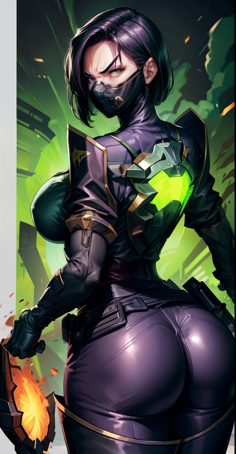 Masterpiece, Best quality,Watching from behind，《Fearless viper》, 比基尼, mitts, belt, thigh boots, respirator, view the viewer, face, Portrait, Close butt, Glowing eyes,, Black background,huge tit，big assa，Raised chest，Bare-bodied，Buttocks close up，angry look，Devil figure，Staring angrily at the screen，Hips to the screen，Muscle woman，Abs