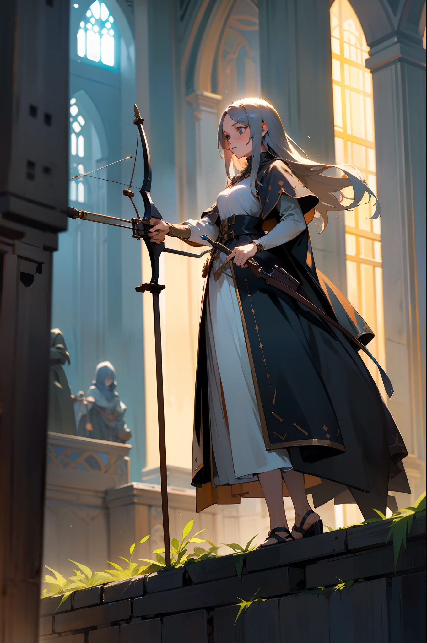 A woman in gorgeous clothes,holding crossbow,Standing,medieval times