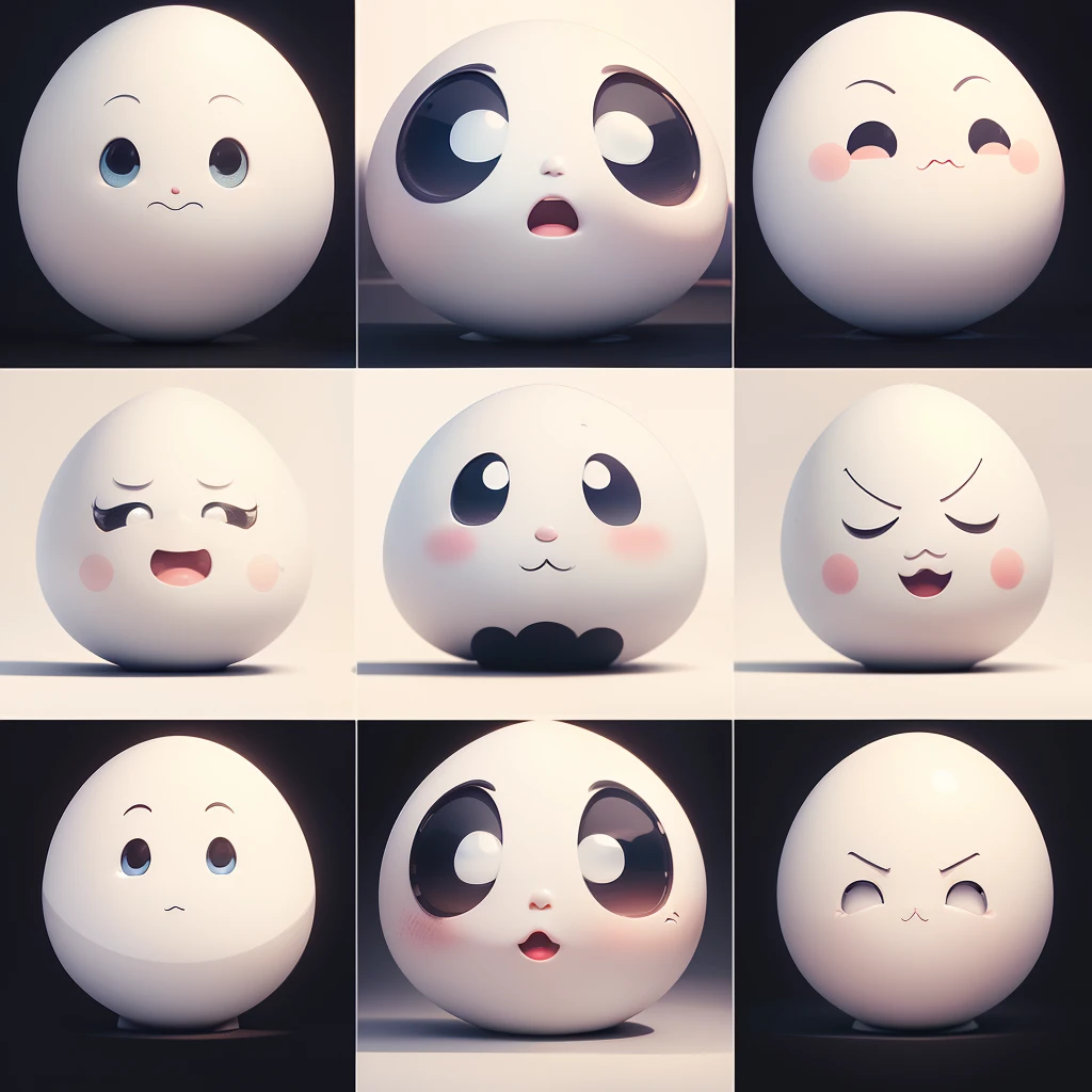 a close up of a white egg with a face and eyes, pale round face, humpty dumpty in form of egg, disney cartoon face, face shown, small round face,screaming, smirk, puckered lips, gloom (expression), scowl, jealous, fume，full-face blush, laughing, smug, doyagao, smiley, smile，Various expressions, round cute face, round - face, negao,