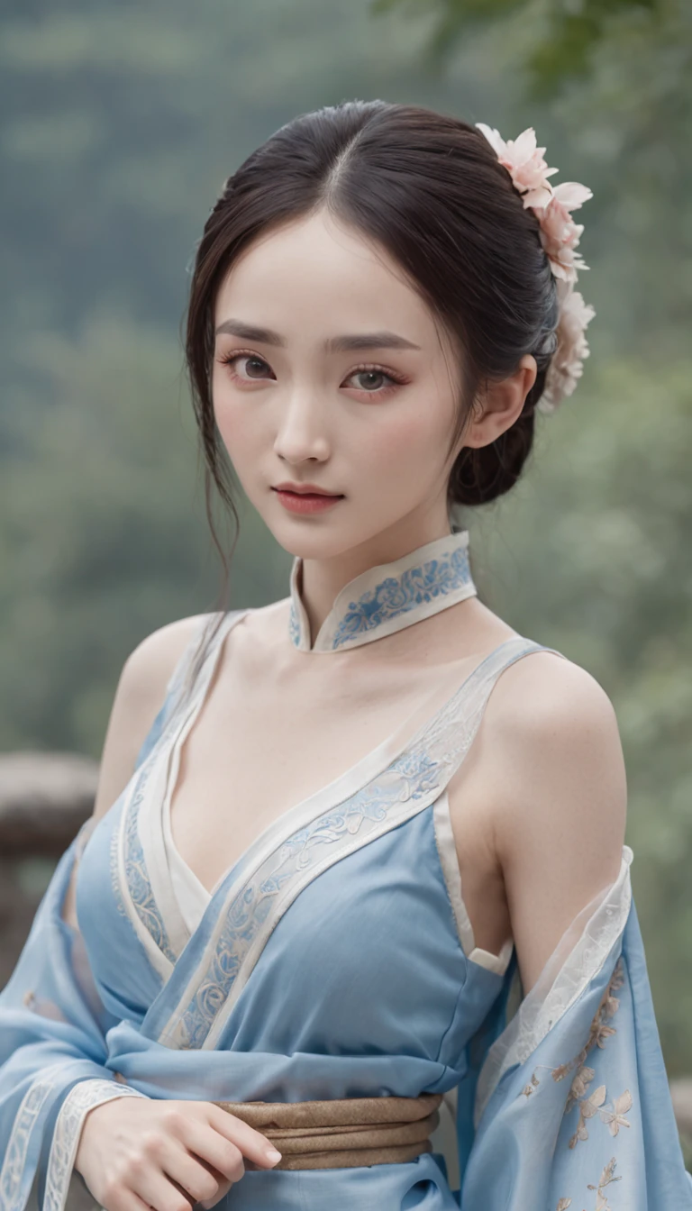 Yang Mi, Gentle young girl, Waist length hair, cabelos preto e longos，Slightly blue, Light blue eyes, wearing a long, Thin, a blue dress，Hanfu style, ((a blue dress，White lace border covers the girl's:0.8)), Style Hanfu, Wearing an ancient Chinese silk shirt, Pink and smooth white skin, Wear low-key antiques, Oday, appears shoulders and head in the photo,Cute little face, Eye bags under wet makeup, Plump red lips, Pout, ((Closed mouth:1.0)), Balance incisors, Embarrassed, Small face makeup explained，Tremendously beautiful, Breasts are super round and firm, Breasts are plump，A plump chest， Blum chest cabinet, ((Cover the girl's chest with a camisole inside:1.2)), Blush, From the front side, Wear earrings, choker necklace, From above, view the viewer, Upturned eyes,  Masterpiece, Top quality, Best quality, offcial art, Unity 8k wallpaper, A high resolution, Ultra-high RES, Ultra-detailed, (Photorealistic:1.2), Alone, Solo, only 1girl, Style Hanfu Dunhuang, 10x pixel, Super realistic, Ultra high quality, Full body view of girl,  Seven-doppelganger shot,