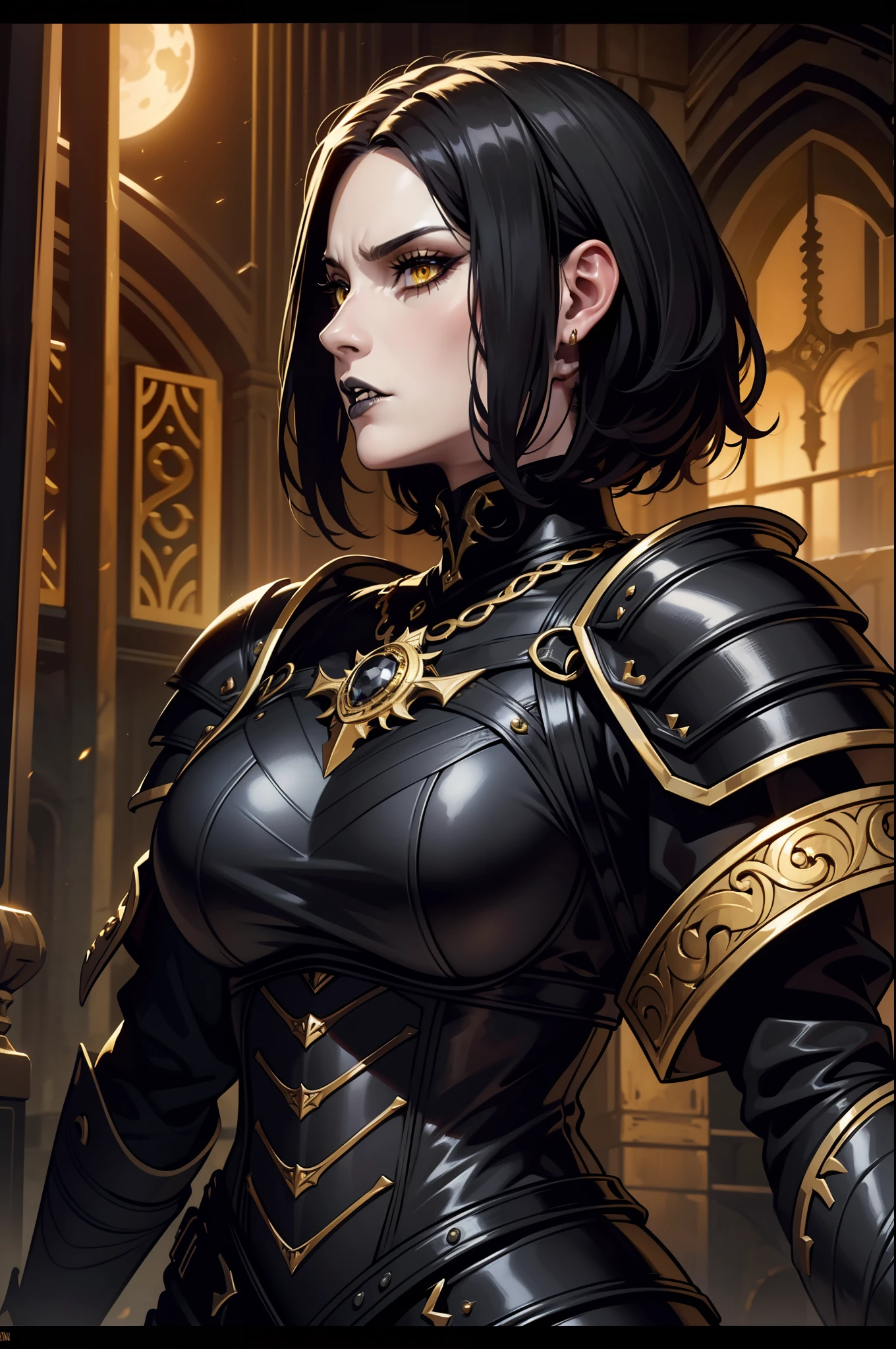 An adult female vampire warrior character wearing a very detailed and beautiful gothic armor. Her hair has a short cut and a golden color. Around her a legion of warriors in ranks begins the journey to war. O uso do mando a destaca dos demais, the color of the eyes is yellow, Magnificent, 8k, dramatic scene, eclipse, Gothic clothes in black and gold color. Magia, mundo sendo invadido, castelo medieval, facial expression of hatred armor very well detailed golden-eyed vampire, darkness, color of black lips, batom negro