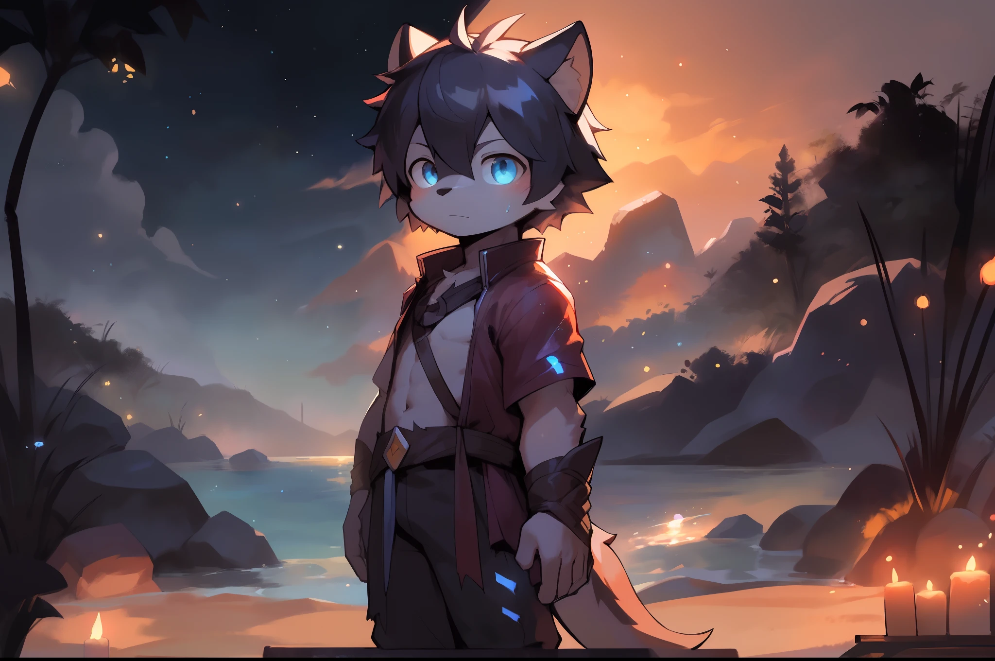 author：Jrjresq, author：Kirito,Libido boy，furry wolf，((Shota)), Black and white hair, Very good figure, Handsome，adolable, Light：Hazy light and shadow, Reflective skin,Reddish skin，((worn-out clothing，Commoner)) ，((beachside，standing on the rock，sandbeach))，Outdoor sunset，((the detail))，（depth of fields），((Libido boy，Shota))，altar, Fire, Smoke, forest, Candle, Night, (Particle ,Firefly, blue glowing:1.3), Detailed background, 8K HD, (Dark shadows, Wide dynamic range, hdr, Low light:1.2), by Pino Daeni, canyne khai, milkytiger1145, Dagasi, Yupa, Tik