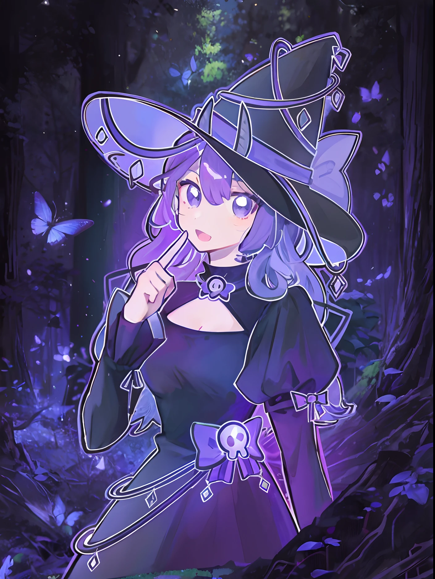 solo person,Purple curly hair,Purple eyes,Black magic hat
