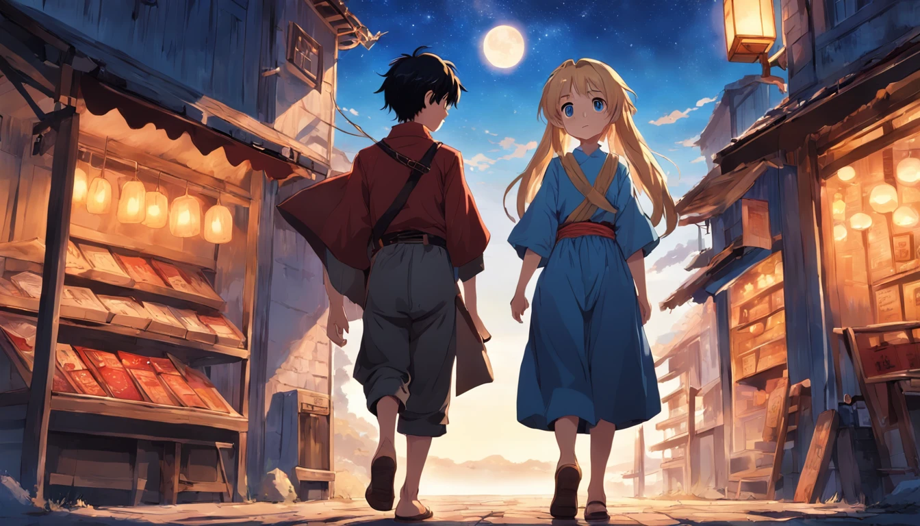 (an adventurous peasant boy, with sad countenance) and (a young peasant woman), wearing shoes, in a shop, anime style, book cover style, sunset as day gives way to night, a starry sky begins to rise above , surrounding image