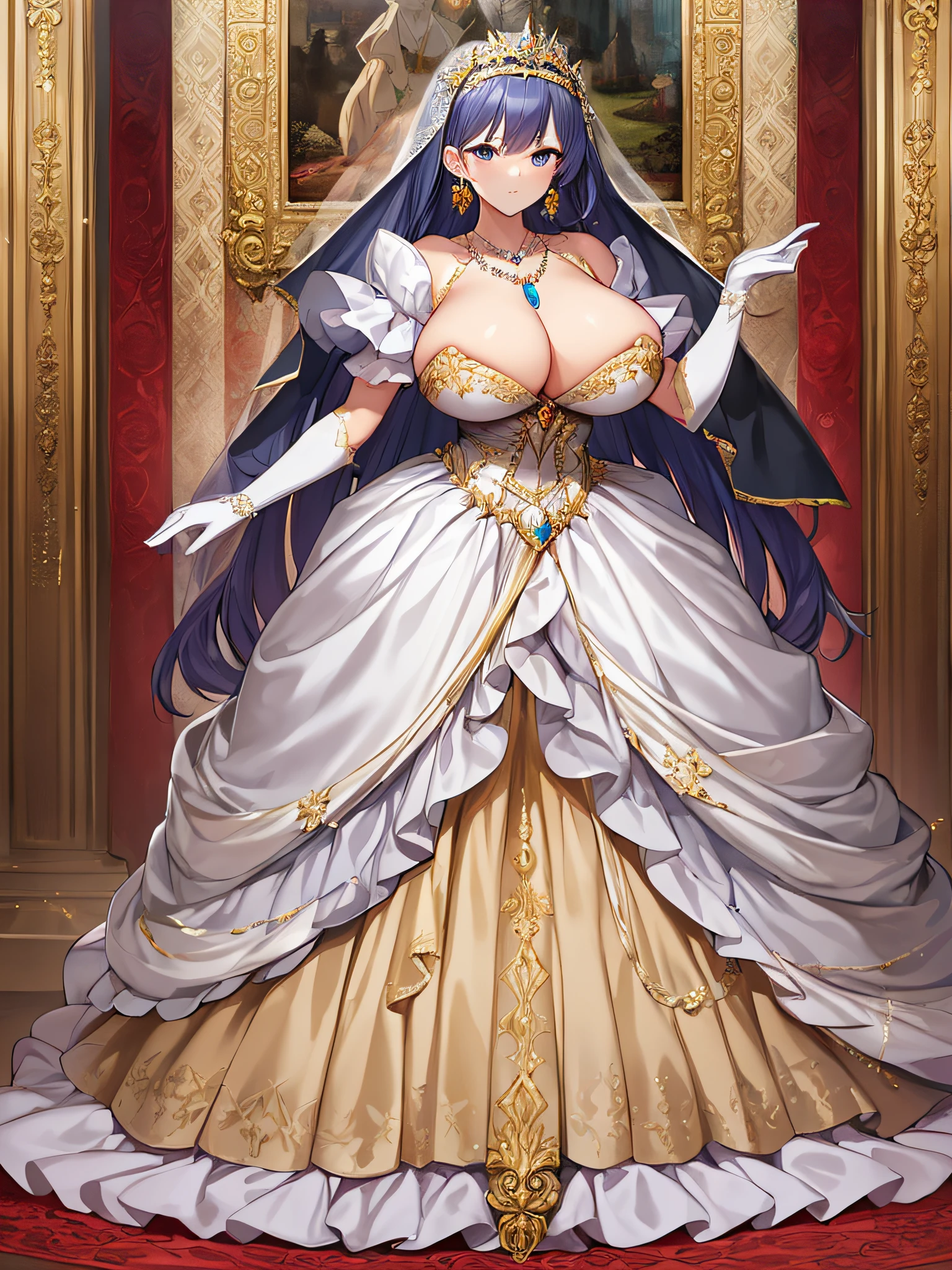 ((anime artstyle)),Best quality, Masterpiece,Solo,(full body),1 princess wearing a stately and elaborate royal wedding dress of white satin and tulle adorned with voluminous hoopskirt,crinoline,(gigantic tits,Long tits,skindentation),(voluminous straight hair,extremely Long straight Hair),with enormous puffed sleeves, long train, long white gloves, jeweled necklace and jeweled earrings,long wedding veil