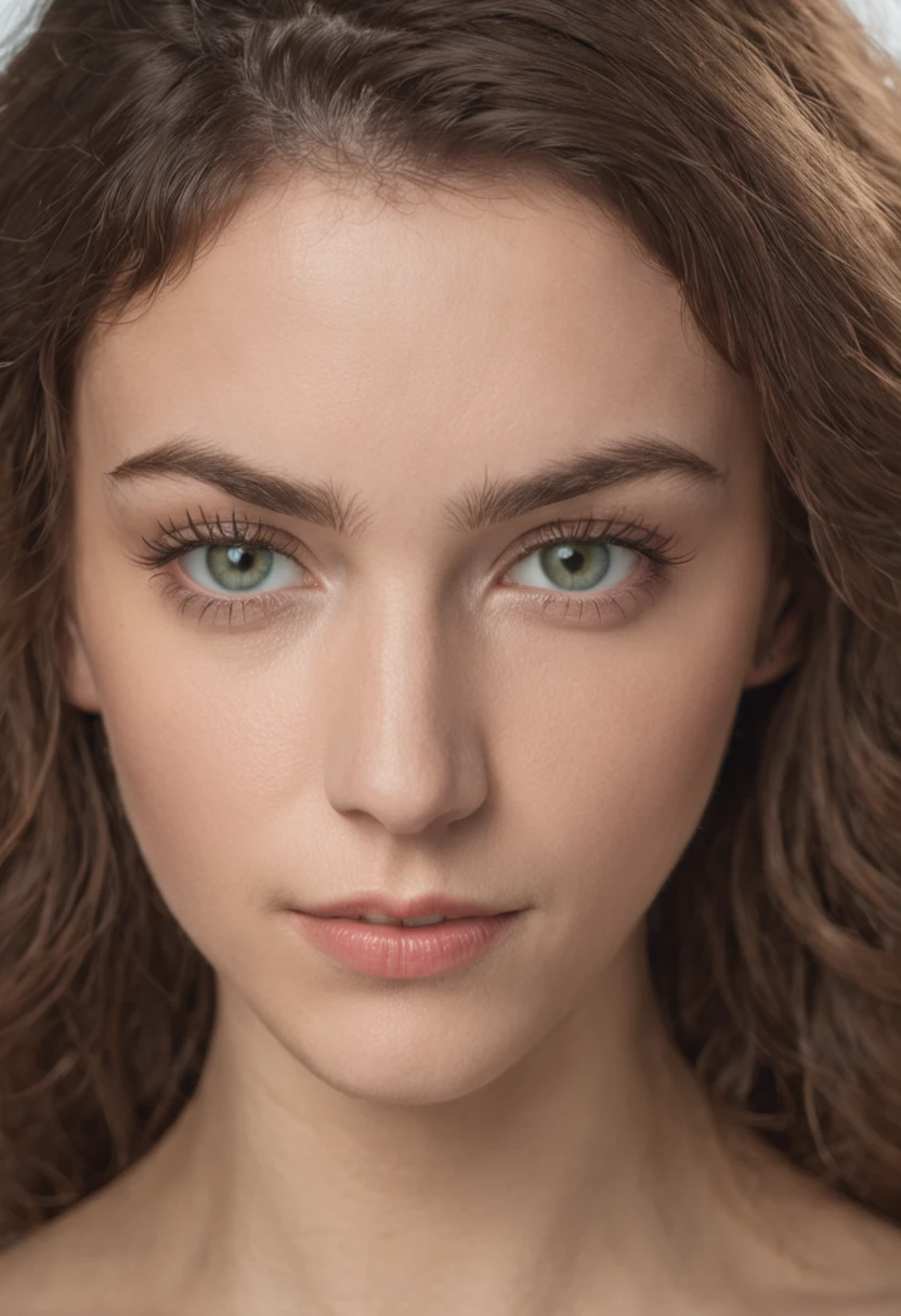 masterpiece studio portrait of a beautiful 24 year old french woman, she is a curly haired bushy brunette, shy expression, green eyes, Front face Professional color grading, sombras suaves, sem contraste, clean sharp focus, cinematic movie photograph