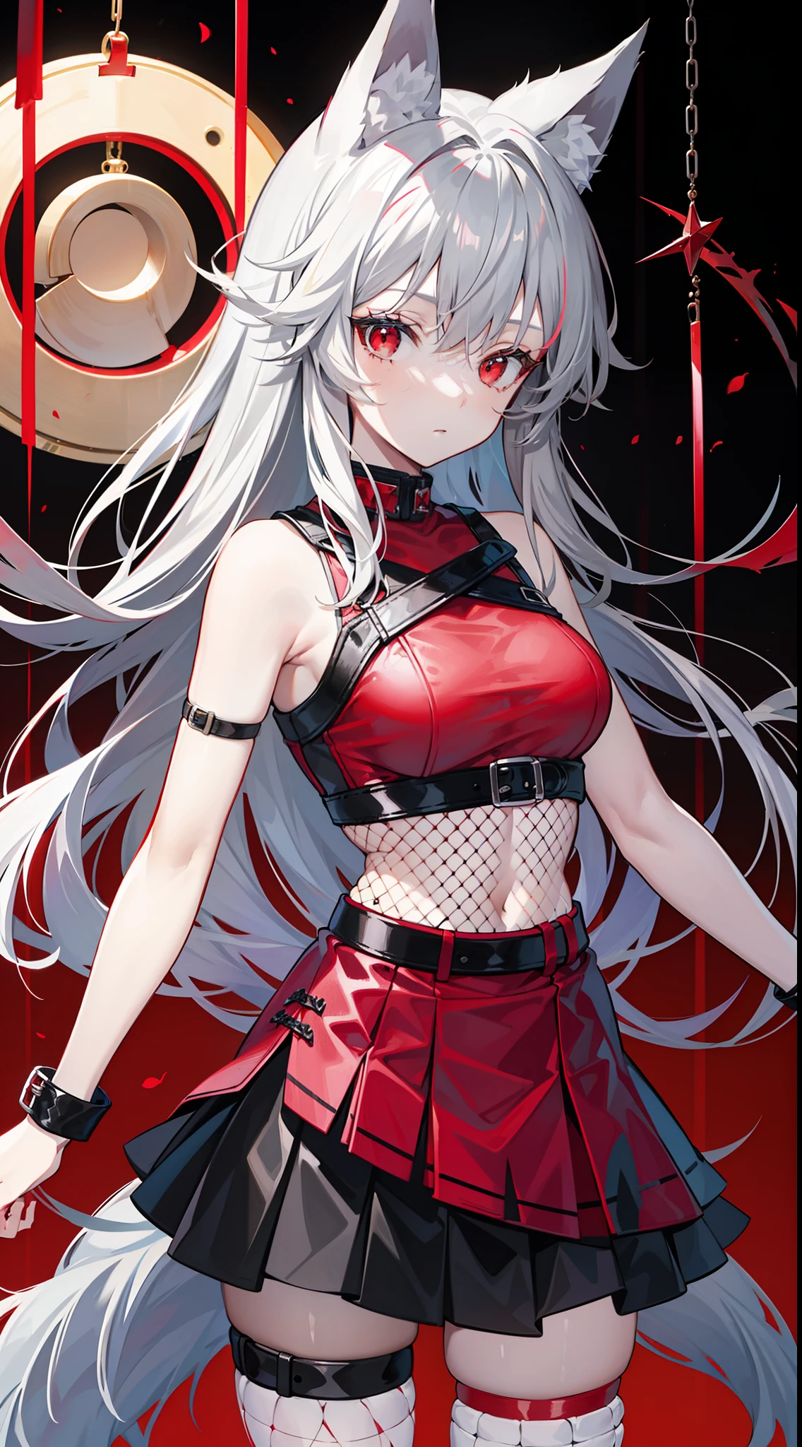 adult girl, Gray hair of medium length, red eyes, wolf ears, Red tight top, Sleeveless, fishnet tights, leather skirt, Masterpiece, hiquality