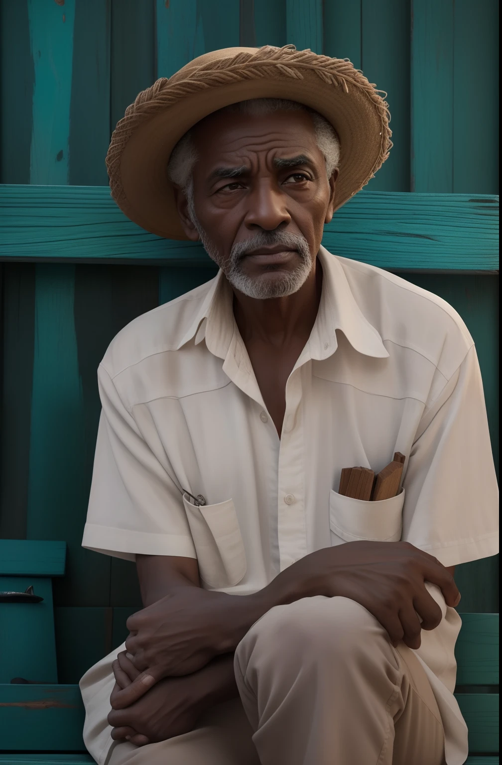 Crie a imagem um homem sexo masculino velho afrodescendente, extremamente perfeito, hiperrealista com a idade de 90 anos, olhos brilhantes, cansados e triste, pele negra, Extremely wrinkled face with suffering appearance and humble short hair, crespo e grisalho, vestindo camisa simples branca velha e russada, very light white clothing with some tears and hole in the fabric with wooden crucifix necklaces with seeds and medal on the neck, rosto com rugas, hands with five fingers sitting on a small brown wooden bench in one of his hands an access candle. The decoration should be dark old clay wall, com luzes e uma atmosfera intimista e religiosa. dramatic lighting, digital art trending on Artstation 8k HD high definition detailed realistic, circunstanciado, textura da pele, hiper detalhado, textura de pele realista, armadura, melhor qualidade, ultra high-resolution, (fotorrealista:1.4), high resolution, circunstanciado, Foto RAW, sharp re, by Lee Jeffries Nikon D850 film Stock Photography 4 Kodak Portra 400 camera F1.6 lens rich colors hyper realistic lifelike texture dramatic lighting unrealengine trending on artstation cinestill 800,
