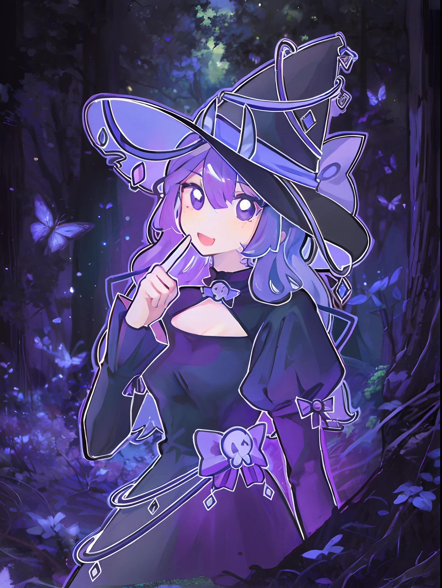 solo person,Purple curly hair,Purple eyes,Black magic hat