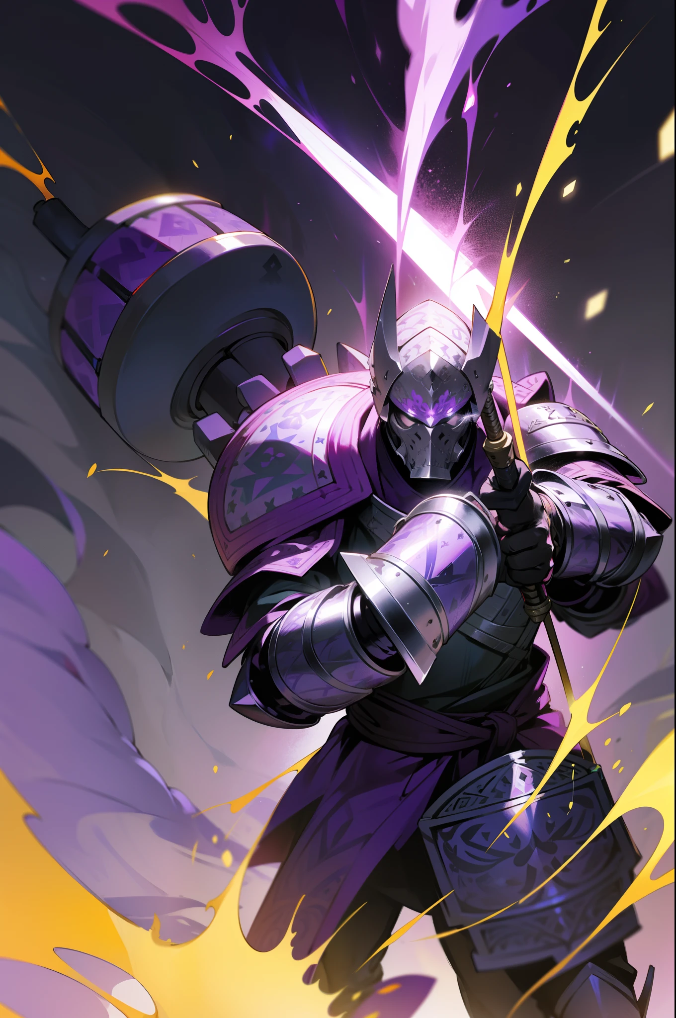 Standing strong body,Holding a long-handled hammer in his hand,Wearing heavy armor,Decorated with purple patterns,The aura is powerful,A old man