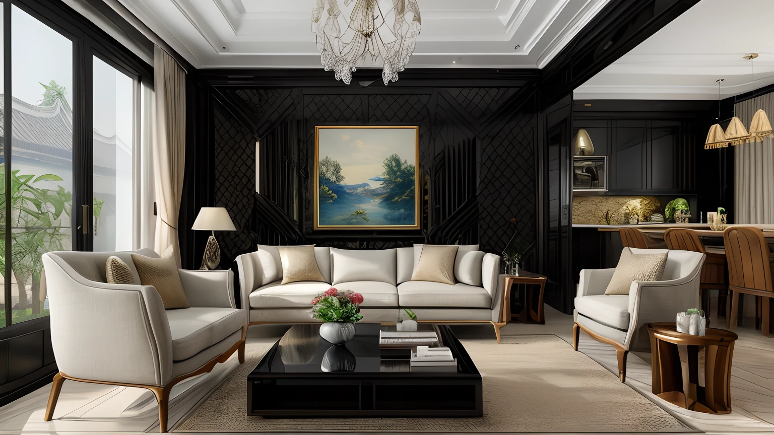 (( masterpiece)) (( ultral realistic)) (( sharp forcus)) (( high detail)) livingroom in indochina style,china , vietnam, black wooden furniture, wallpaper, patent,glossy, ceramic tiles floor,