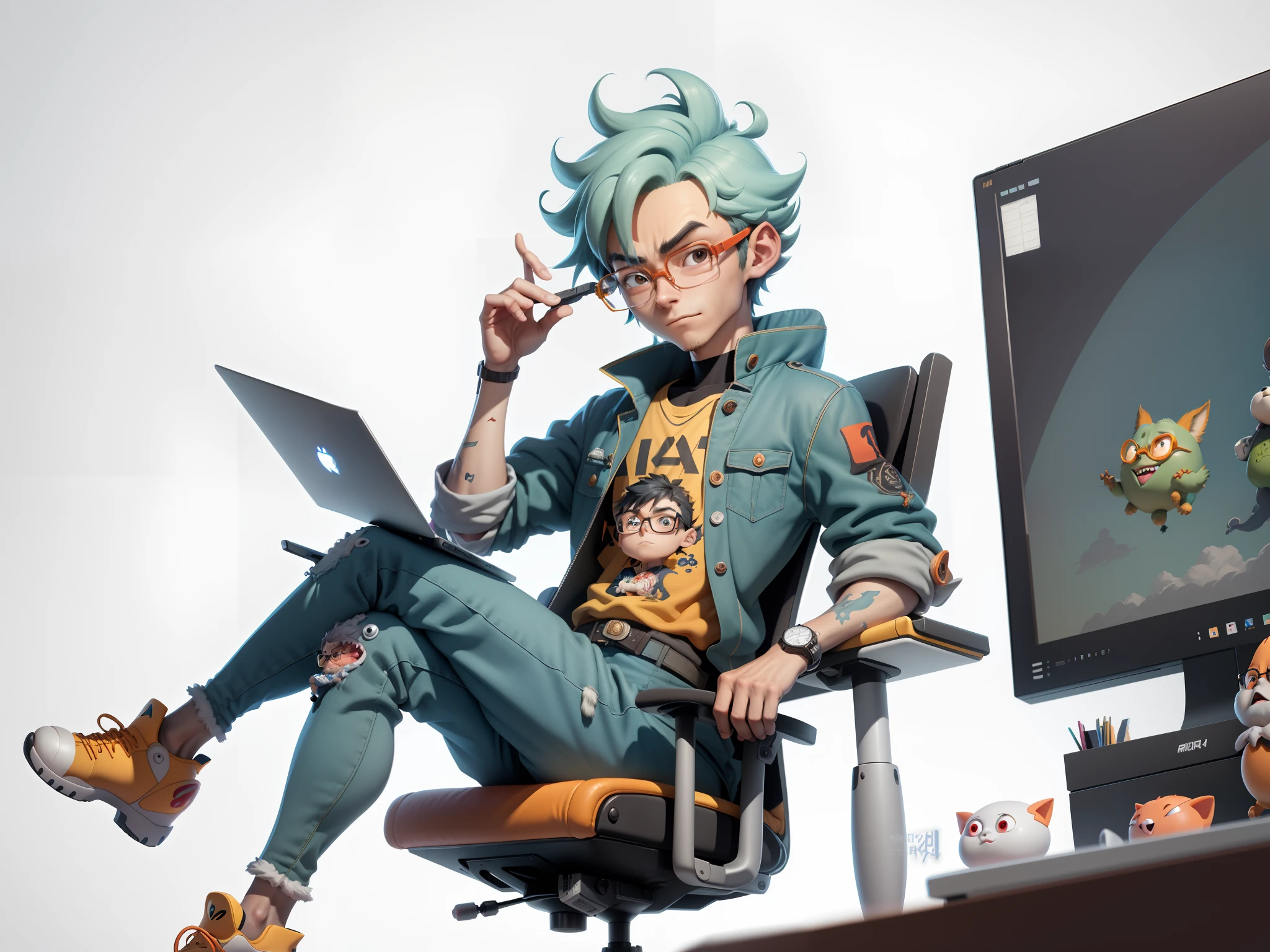 A young man with glasses sits at his desk，holding laptop，digitial painting，3D character design by Mark Clairen and Pixar and Hayao Miyazaki and Akira Toriyama，4K HD illustration，Very detailed facial features and cartoon-style visuals。