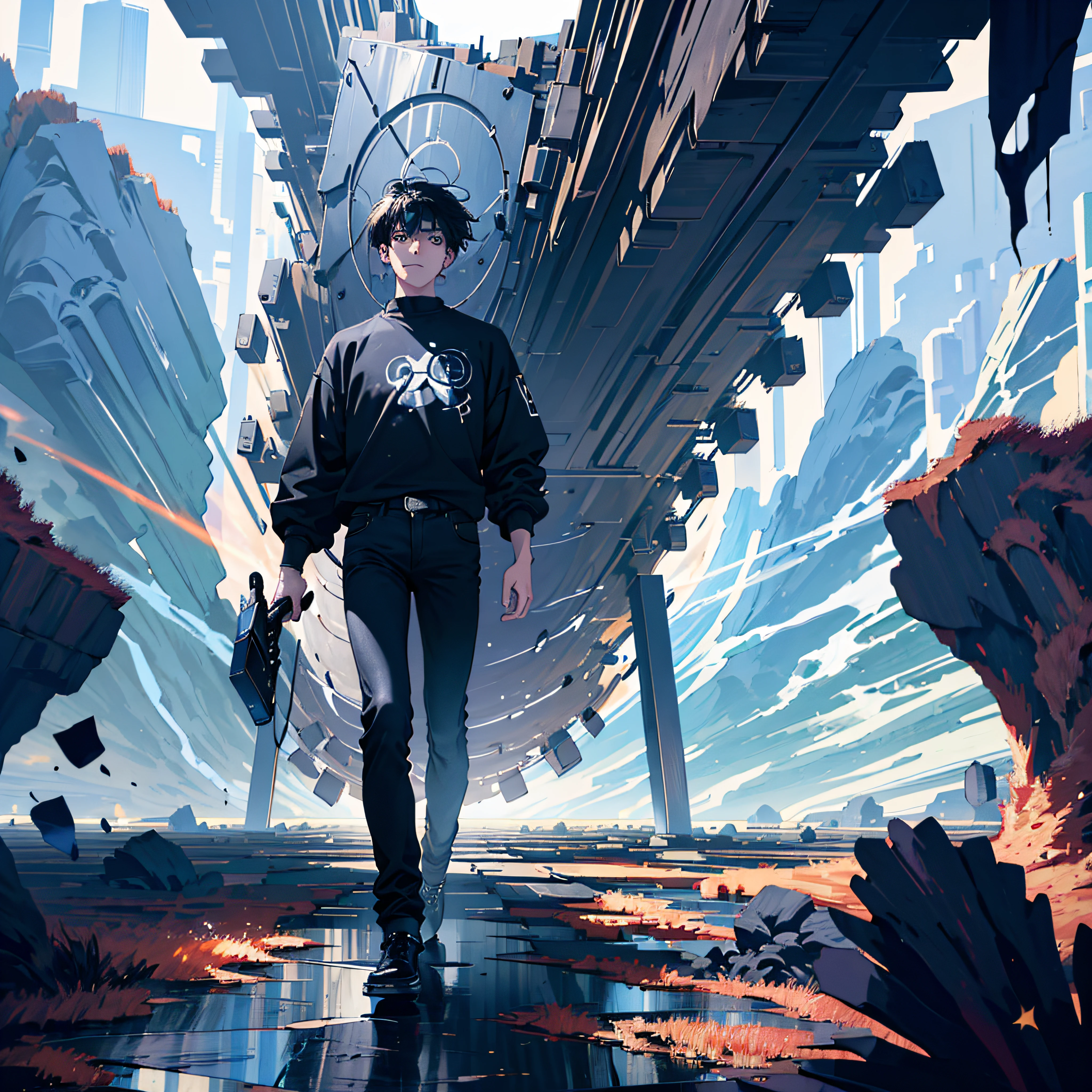 ((Best Quality, 8K, Masterpiece: 2)), landscape, wide, in front of portal, standing young man with black hair, black jeans, look at the stars, amazing scenery, hundreds of stars forming a circle, light waves, center of city, futures, bring long sword.
