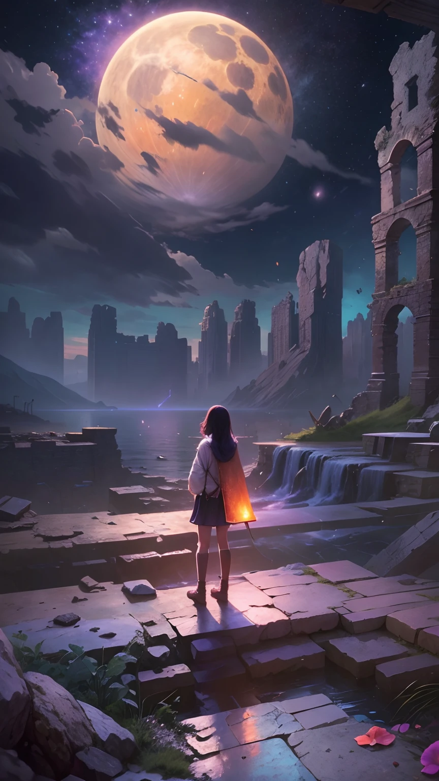 Expansive landscape photograph，（look from down，Above is the sky，Below are the open ruins of a ruined city），A girl stands on a rooftop and looks up，（moon full：1.2），（meteors：0.9），（Starcloud），Distant sea level,（Warm light source：1.2），（glowworm：1.2），lamp lights，Lots of purple and orange，Complicated details，Volumetric lighting BREAK（tmasterpiece：1.2），（best qualtiy），4K，ultra - detailed，（dynamic compositions：1.4），detail-rich，plethora of colors，（Irridescent color：1.2），（with light glowing，Atmospheric lighting），dream magical，magical，（独奏：1.2）Extremely detailed beauty, ridiculous, unbelievable Ridiculous, hugefilesize, ultra - detailed, A high resolution, The is very detailed, top-quality, tmasterpiece, illustratio, The is very detailed, NFFSW, unified, 8K picture wallpaper, magnifica, finedetail, tmasterpiece, top-quality, A highly detailed，hentail realism，photoreali，（realisticlying，photograph realistic：1.37），（natta），