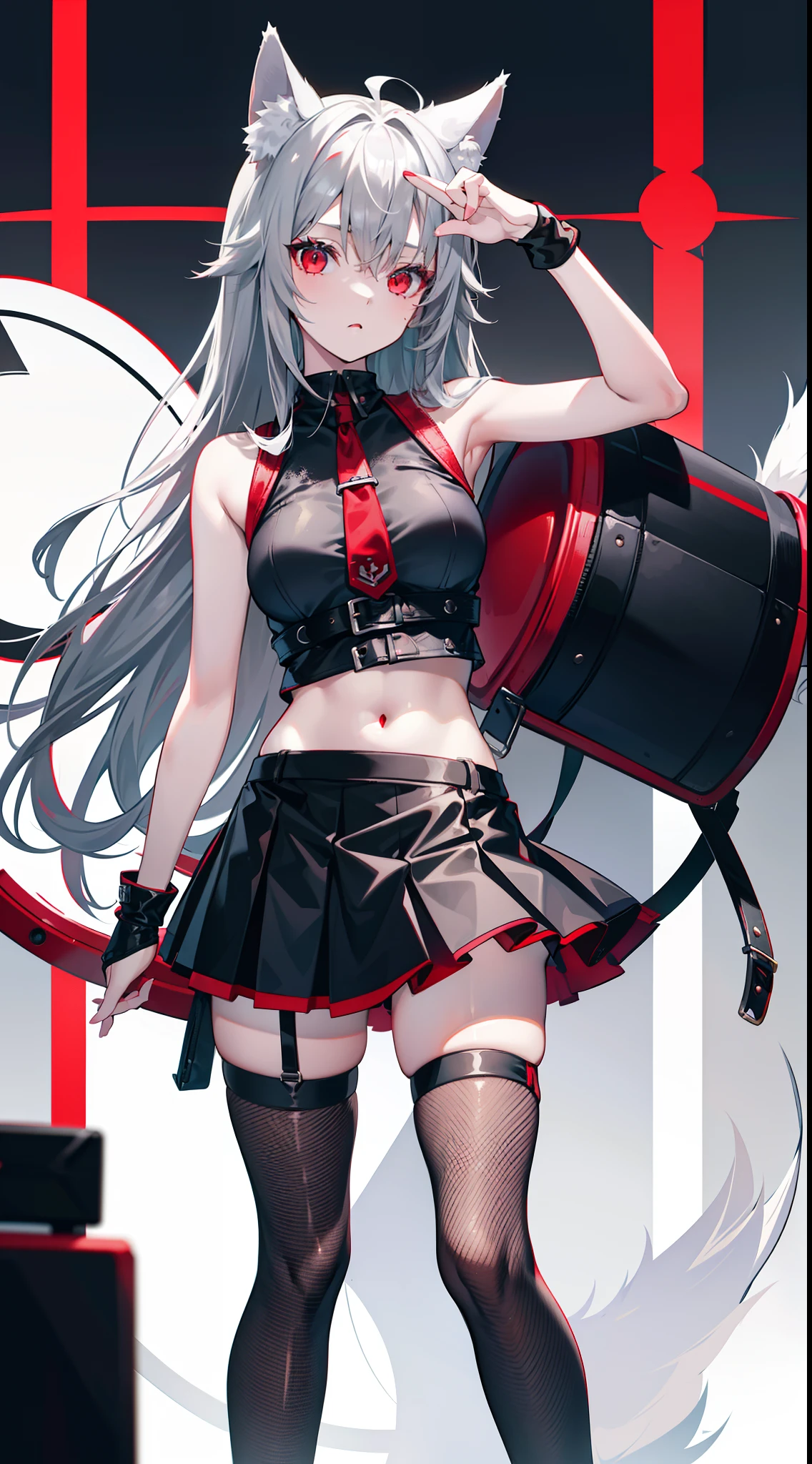 adult girl, Gray hair of medium length, red eyes, wolf ears, Red tight top, Sleeveless, fishnet tights, leather skirt, Masterpiece, hiquality