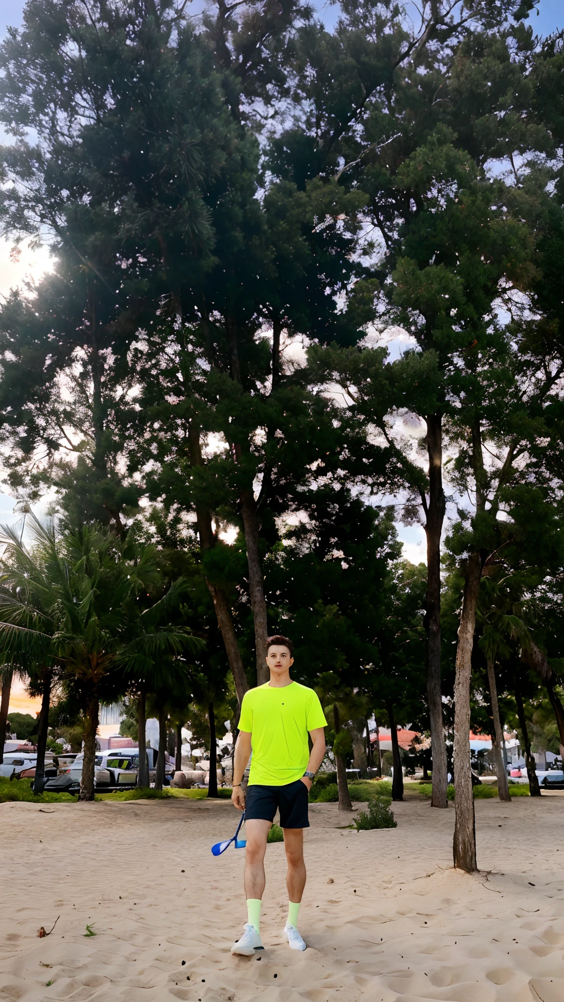 there is a man standing in the sand with a frisbee, pine trees in the background, trees in the background, against the backdrop of trees, with trees, trees in background, with a tree in the background, beach trees in the background, tree in the background, with a tall tree, with a park in the background, standing in a city center