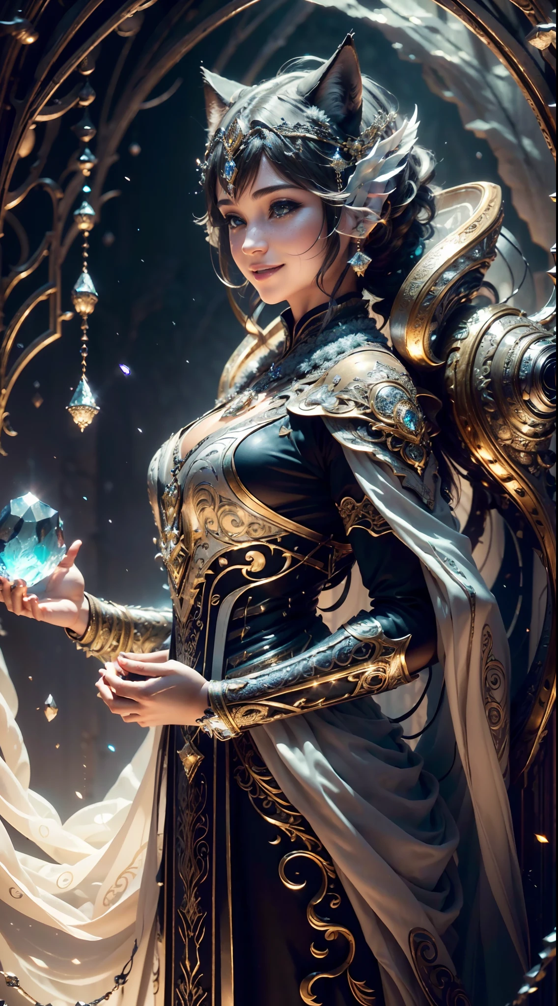 (Cinematic Photo:1.3) from (Realistic:1.3), (Smile:1.3) (Cinematic Photo:1.3) from (Realistic:1.3), (Magic Photo:1.3) from (Realistic:1.3), (Proud:1.3),  wolf, wolf ears, Intricate Surface Detail, Crystal Core, Bejeweled, Delicate close-up dress, Highly detailed fantasy character, Stunning community, Elaborate decor, Detailed fantasy digital art, cgsociety 9, Behance fantasy art, 4k detailed fantasy, detailed art  fantasy, 8k high quality detail art, cgociety, Sparklecore, Hyperrealistic, Dreamlike, Ethereal Fantasy, Realistic, Fiction, Full-HD, HD, 8K, Soft Lighting, Beautiful Lighting, Incredibly Detailed, Naturalism, Land art, regionalism, shutterstock contest winner  , (zentangle:1.2), (random background:1.5), (shot with Nikon D7500 with Nikon 18-300mm lens, 1/640, f/6.3, ISO800),