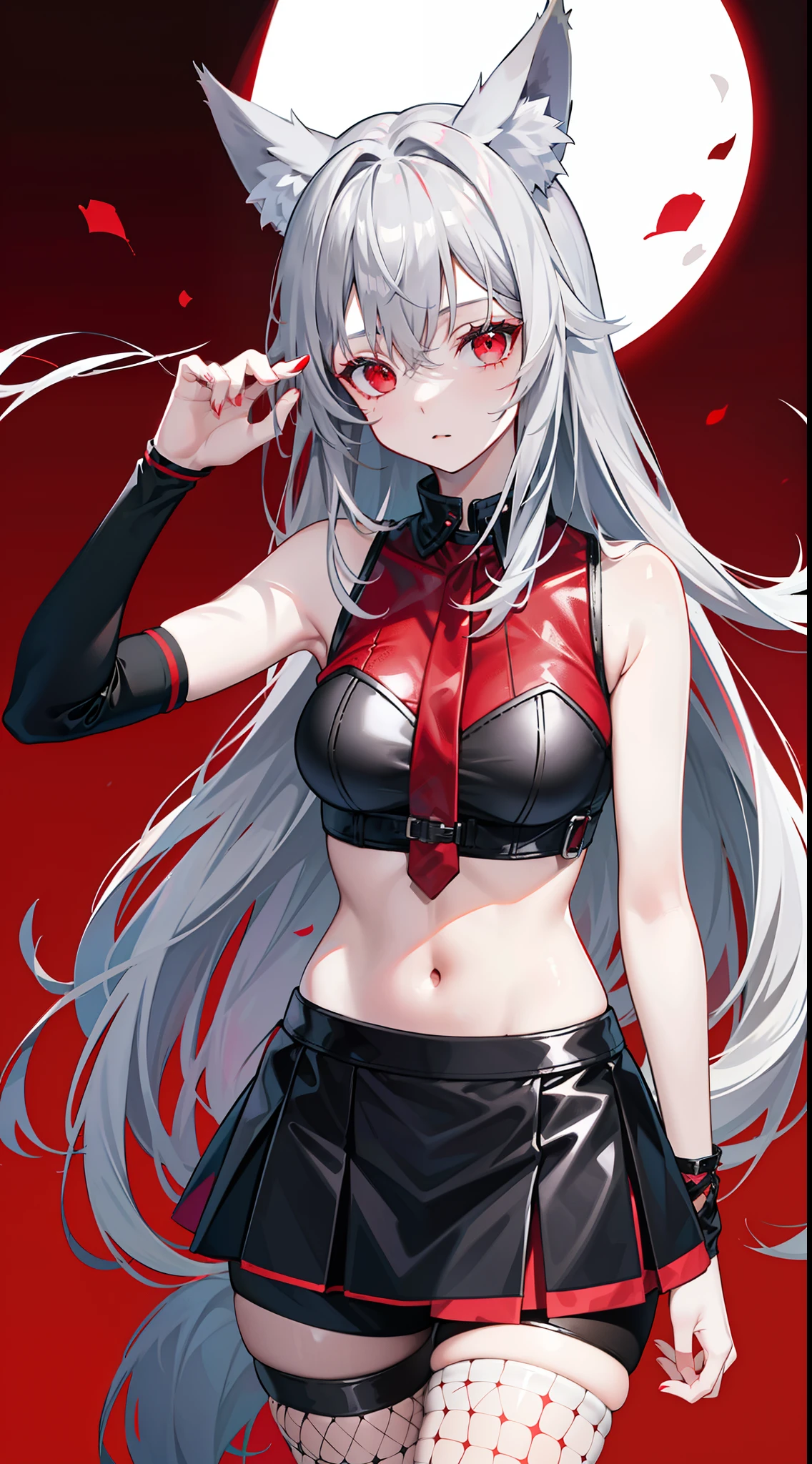 adult girl, Gray hair of medium length, red eyes, wolf ears, Red tight top, Sleeveless, fishnet tights, leather skirt, Masterpiece, hiquality