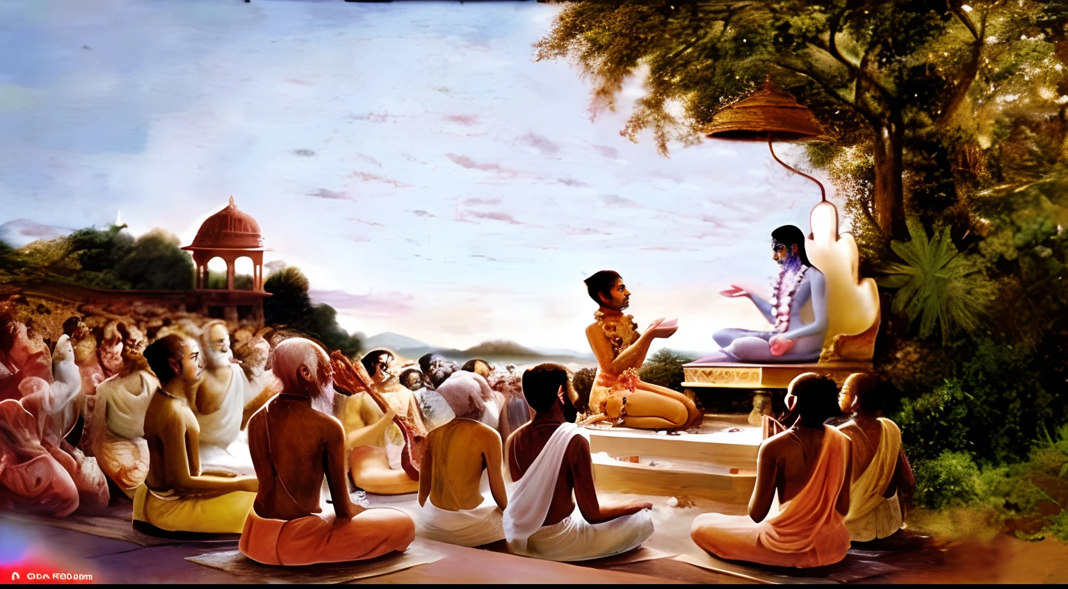 painting of a man giving a sermon to a group of people, beautiful depiction, from ramayan, hindu stages of meditation, full - view, beautiful image, artistic depiction, samikshavad, by Ram Chandra Shukla, wondrous, masterpiece', vishnu, puṣkaracūḍa, kuntilanak on bayan tree, sukhasana