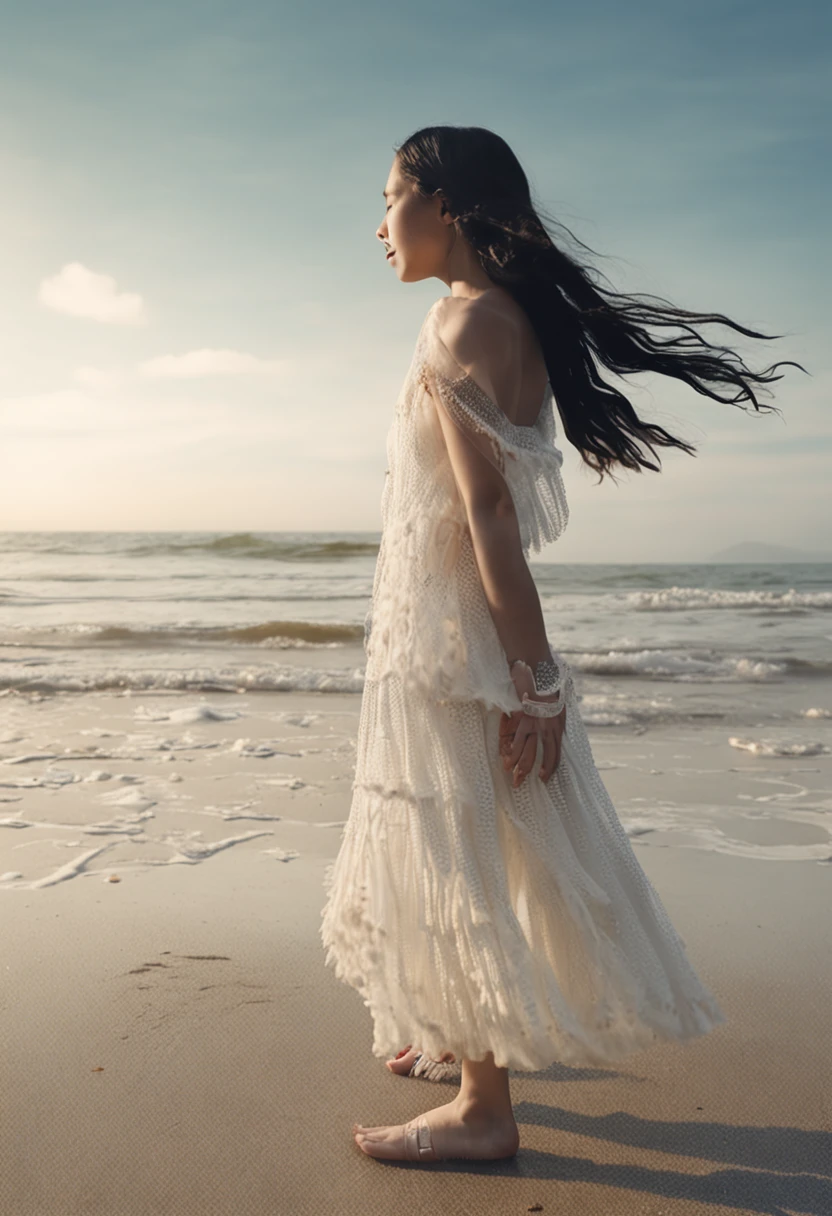 Girl with black hair、White dress、Girl Standing on the Beach。In her hands、A shell from the sea。Seashells glitter in the sunlight。