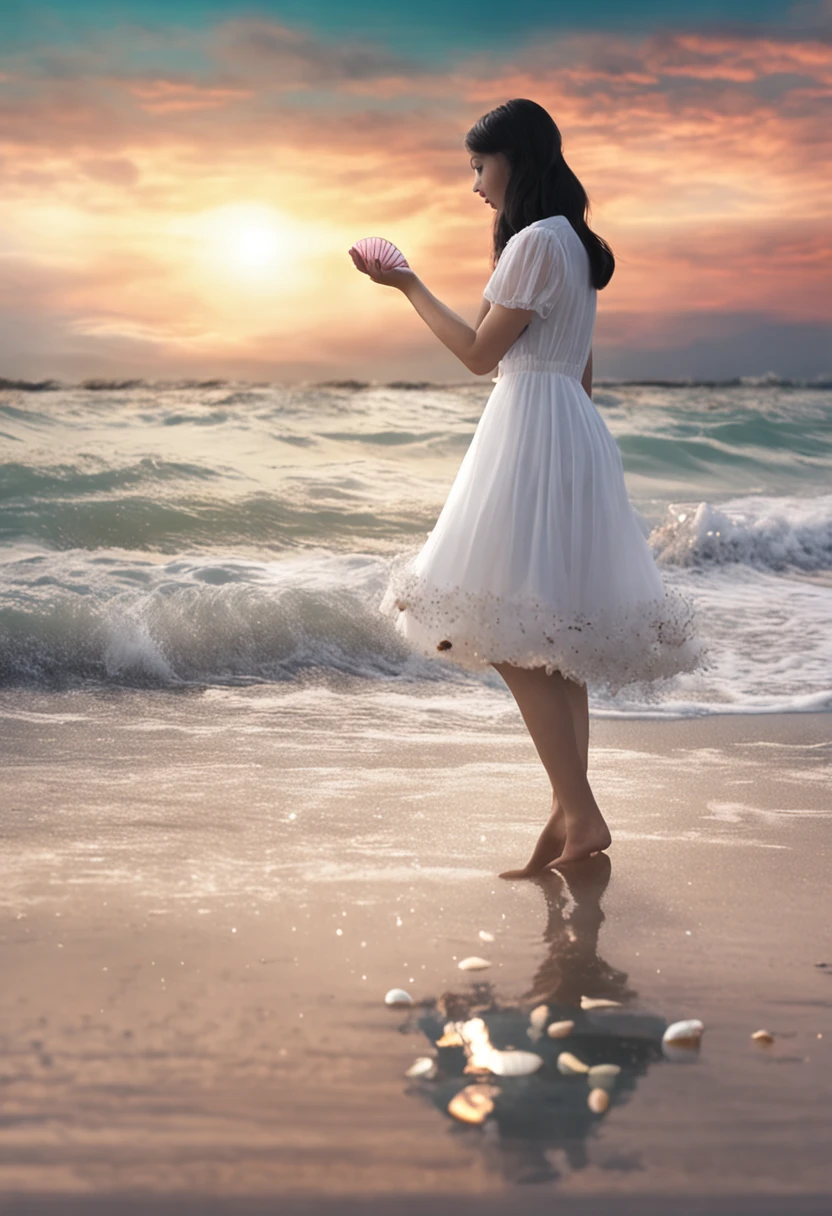 Girl with black hair、White dress、Girl Standing on the Beach。In her hands、A shell from the sea。Seashells glitter in the sunlight。