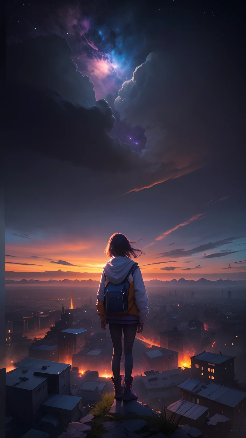 Expansive landscape photograph，look from down，Above is the sky，Below are the open ruins of a ruined city，（A girl stands on a rooftop and looks up），（moon full：1.2），（meteors：0.9），（Starcloud），Distant sea level,（Warm light source：1.2），（glowworm：1.2），lamp lights，Lots of purple and orange，Complicated details，Volumetric lighting BREAK（tmasterpiece：1.2），（best qualtiy），4K，ultra - detailed，（dynamic compositions：1.4），detail-rich，plethora of colors，（Irridescent color：1.2），（with light glowing，Atmospheric lighting），dream magical，magical，（独奏：1.2）Extremely detailed beauty, ridiculous, unbelievable Ridiculous, hugefilesize, ultra - detailed, A high resolution, The is very detailed, top-quality, tmasterpiece, illustratio, The is very detailed, NFFSW, unified, 8K picture wallpaper, magnifica, finedetail, tmasterpiece, top-quality, A highly detailed，hentail realism，photoreali，（realisticlying，photograph realistic：1.37），（natta），