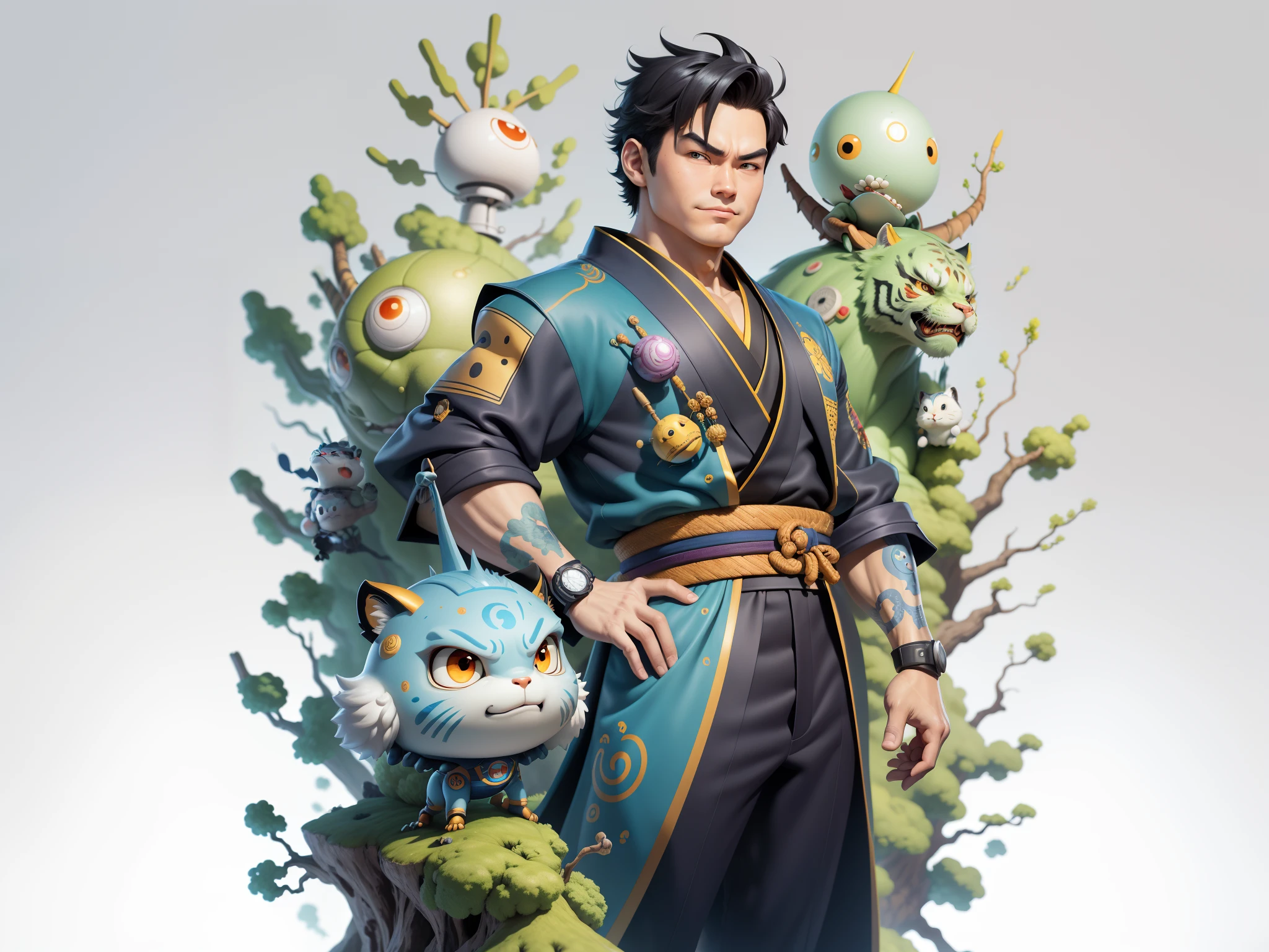 (Masterpiece), (Excellent), (Super Meticulous), (Full Body: 1.2), Super Young Man, Oriental Face, Japanese Kimono, Japanese Wind Thunder God, Dragon, Tiger, TV Anchor, Bust Portrait Illustration, Alone, Black Suit, Blue Tie, Slightly Chubby Face, Very Clean Face, No Beard, Black Super Short Hair, Black Eyes, Confident Smile, 3c Computer Sub-Products, iPad, iPhone, Digital Painting, 3D Character Design by Akira Toriyama and Mark Claireden and Pixar and Hayao Miyazaki, The illustration is a high-definition illustration in 4K resolution with very detailed facial features and cartoon-style visuals.